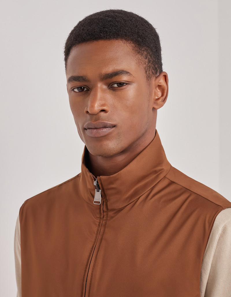 CARAMEL MIXED-MATERIAL ULTRALIGHT SUEDE BOMBER JACKET WITH KNIT INSERTS 215