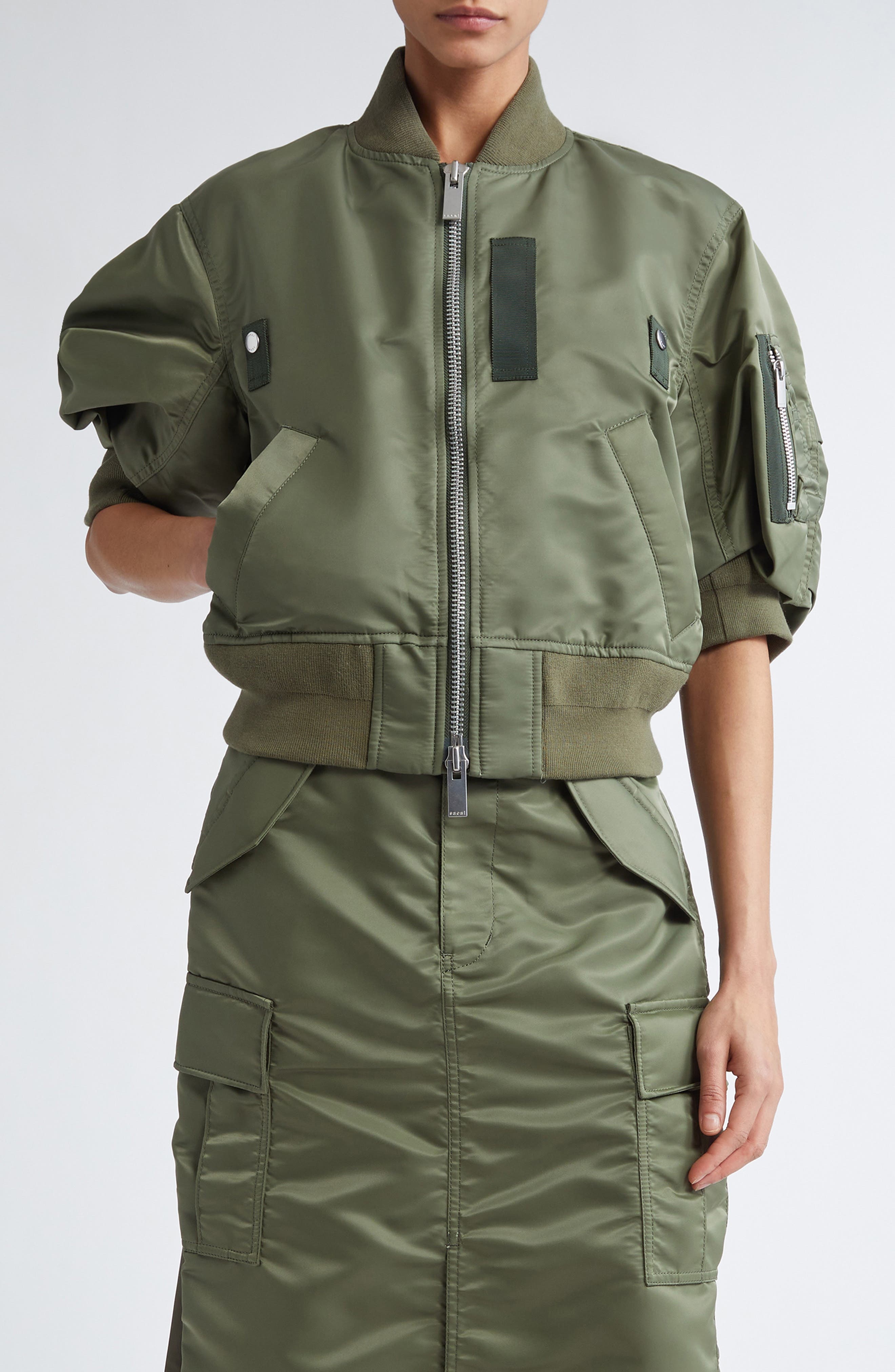 Sacai Short Sleeve Nylon Twill Bomber Jacket in Khaki 501 at Nordstrom - 1