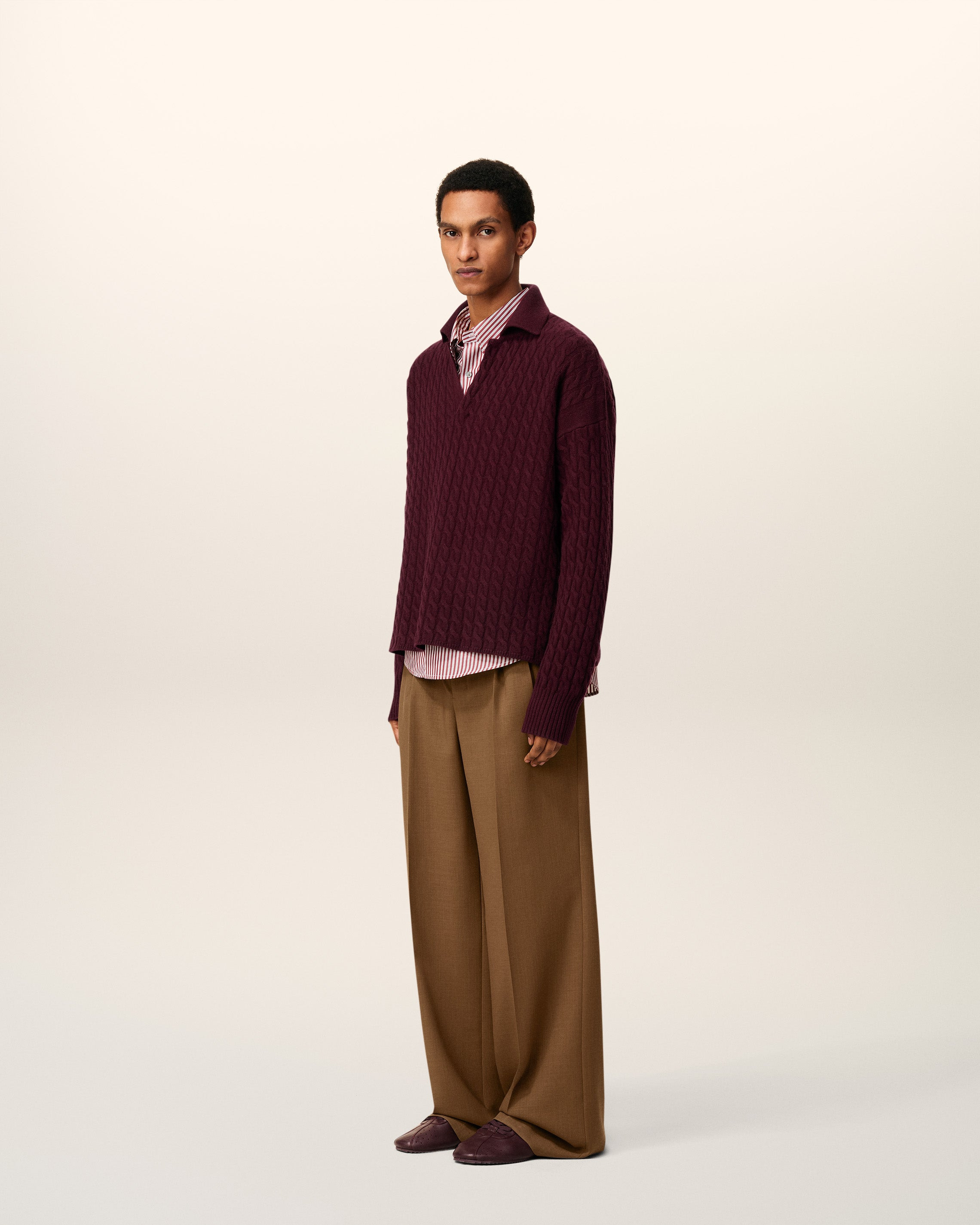 BURGUNDY WOOL CABLES KNIT POLO - 6