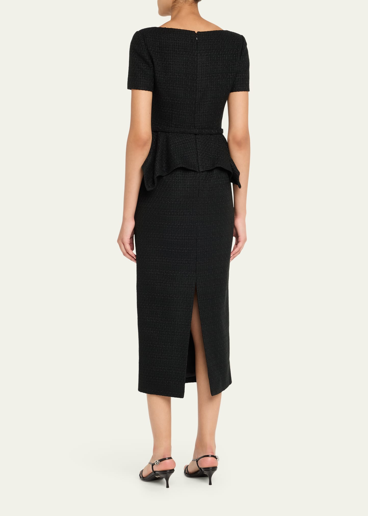 Asymmetric Twist Boucle Belted Peplum Midi Dress - 3