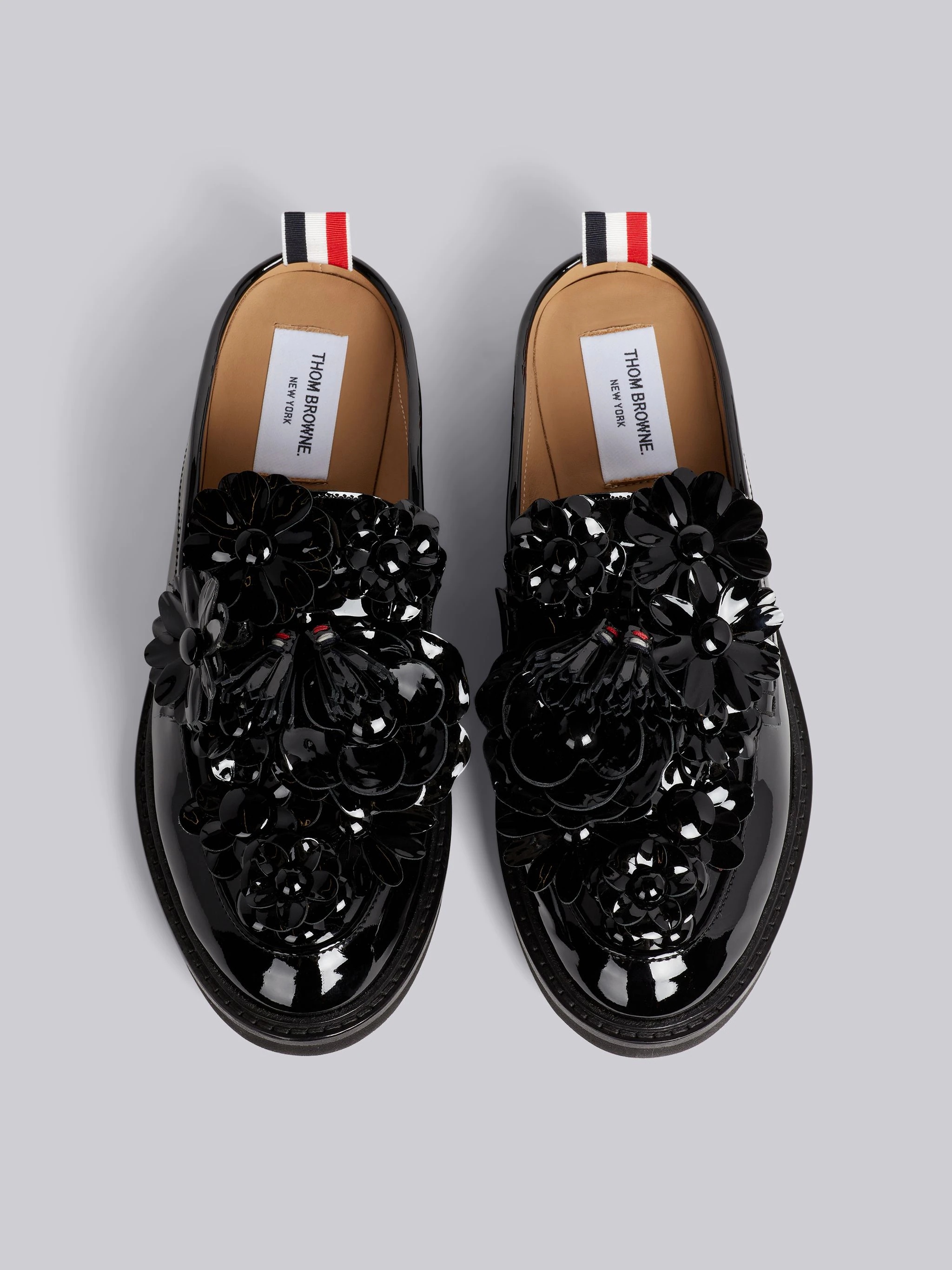 Black Soft Patent Leather Floral Applique Micro Sole Tassel Loafer Mule - 4