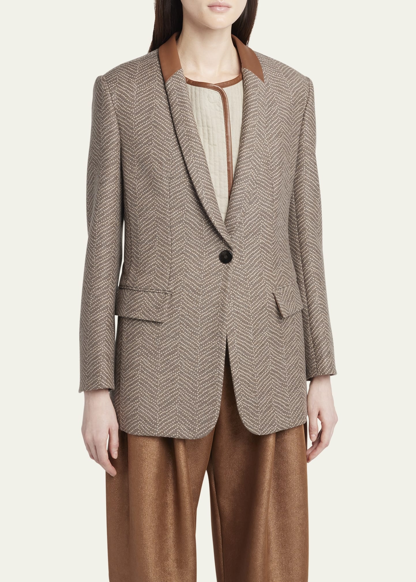 Chevron Wool Single-Breasted Blazer with Leather Trim - 4