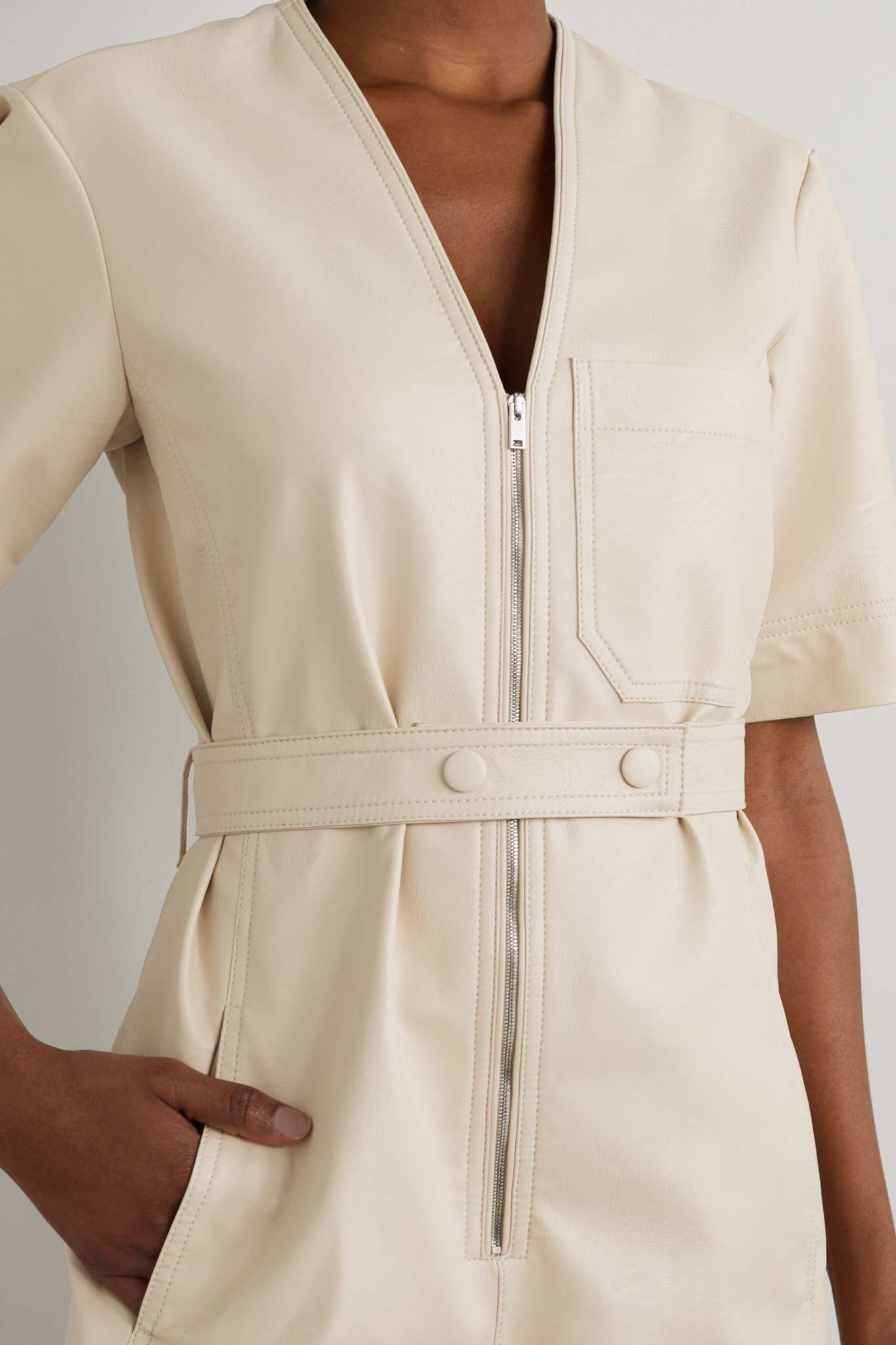 Cropped belted vegetarian leather jumpsuit - 5