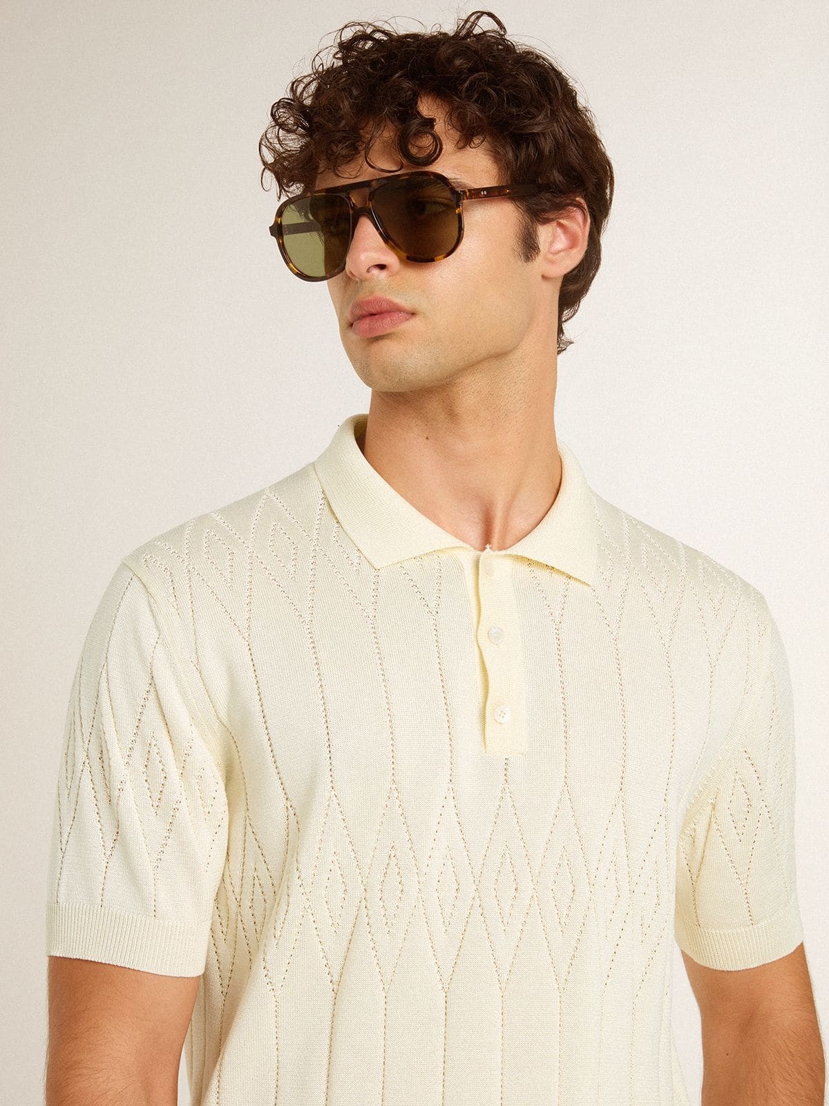 Men's white jacquard knit polo shirt - 4