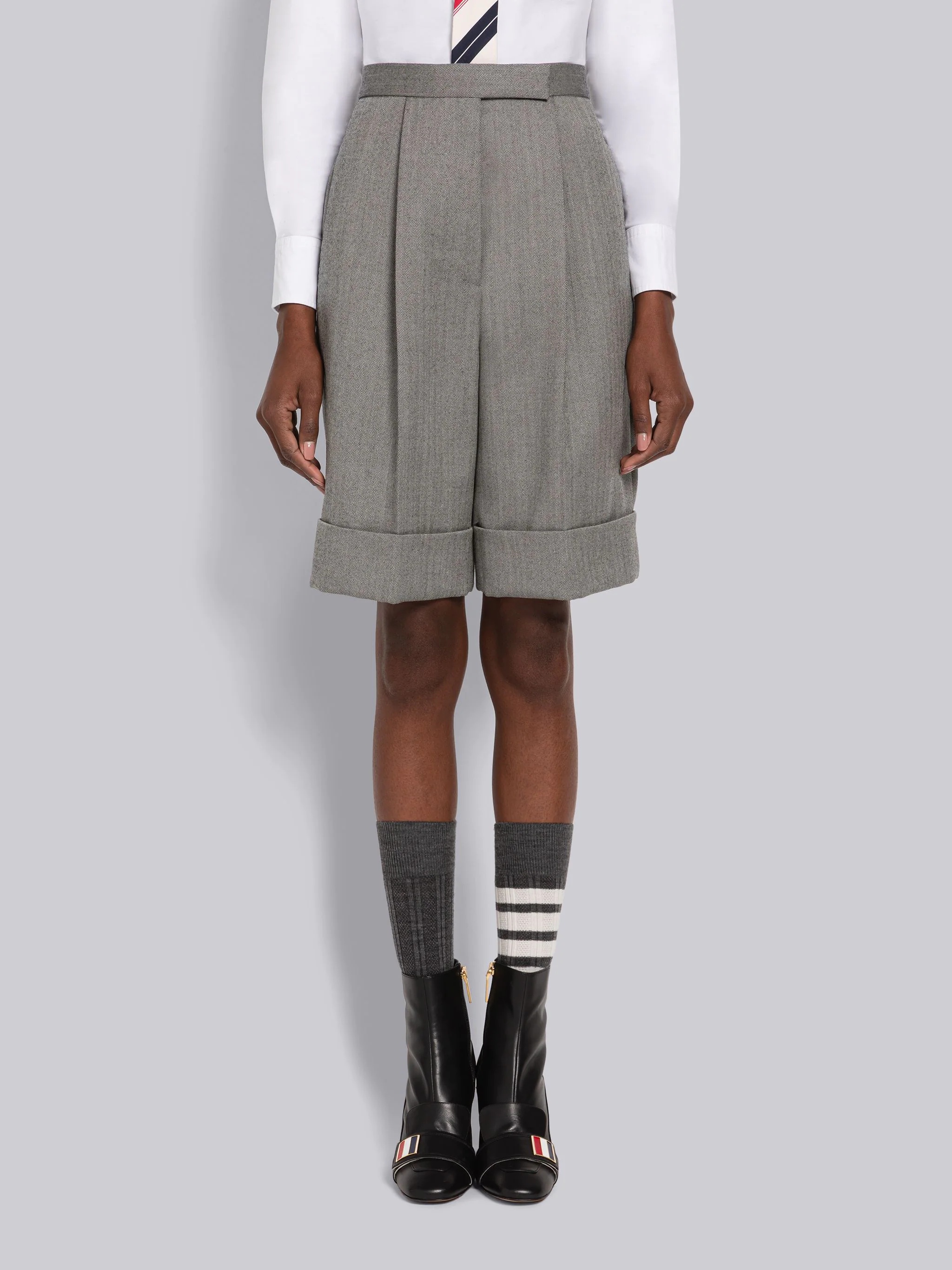 Herringbone Heavy Wool Single Pleat Bermuda Short - 1