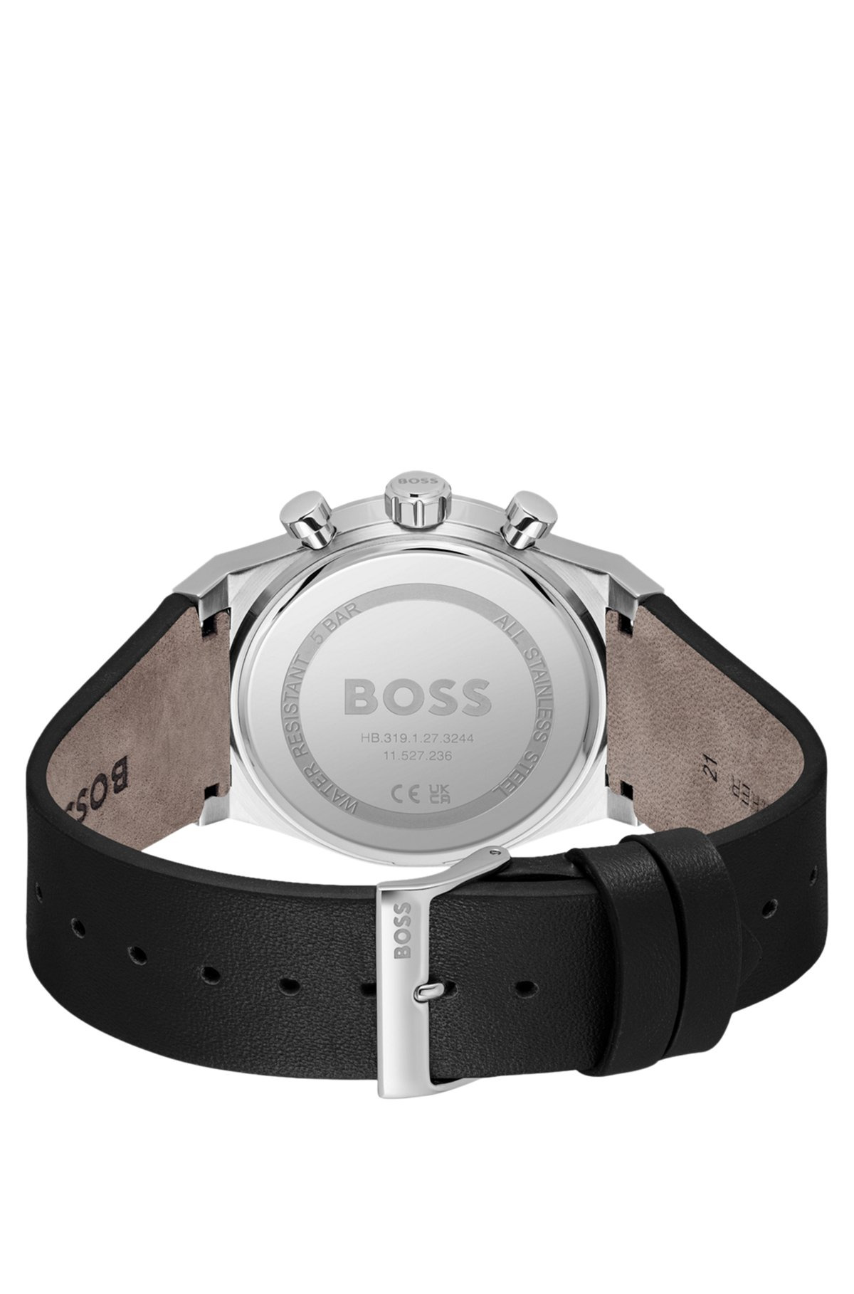 SILVER-TONE CHRONOGRAPH WATCH WITH BLACK LEATHER STRAP - 3