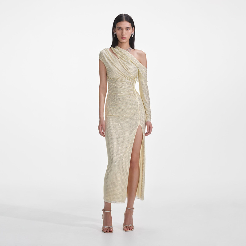 Yellow Rhinestone Gathered Midi Dress - 1