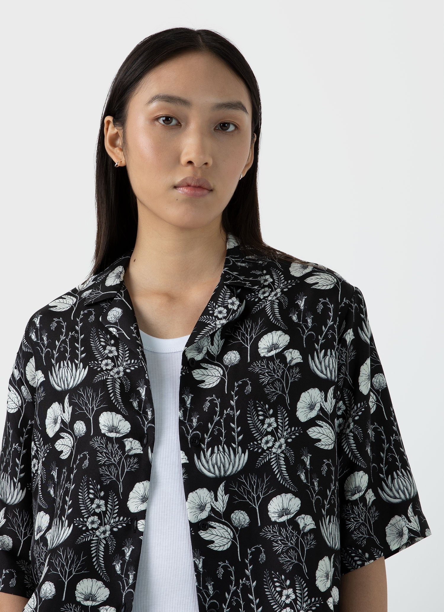 Silk Leaf Print Camp Collar Shirt - 2