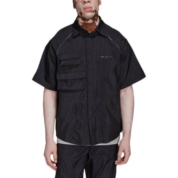 Men's adidas originals Solid Color Lapel Short Sleeve Black Shirt HK2733 - 2