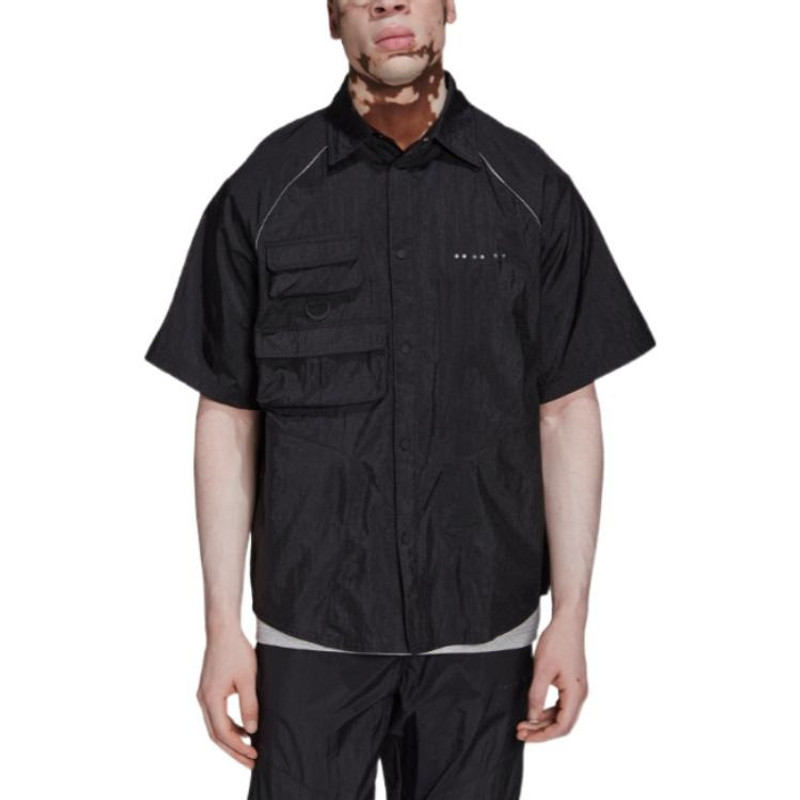 adidas Men's adidas originals Solid Color Lapel Short Sleeve Black Shirt HK2733 outlook