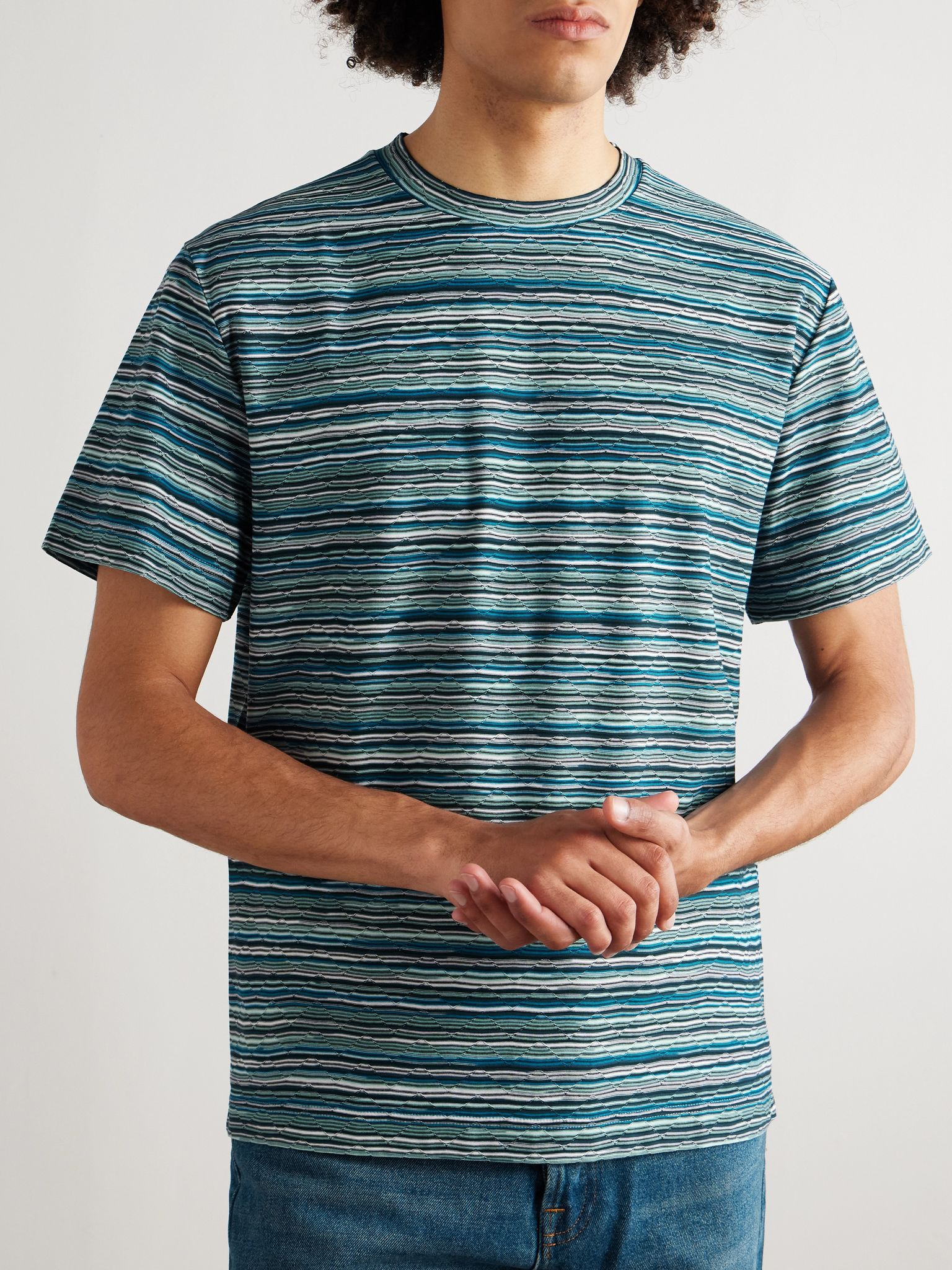 Space-Dyed Cotton-Jersey Jacquard T-Shirt Blue - 3