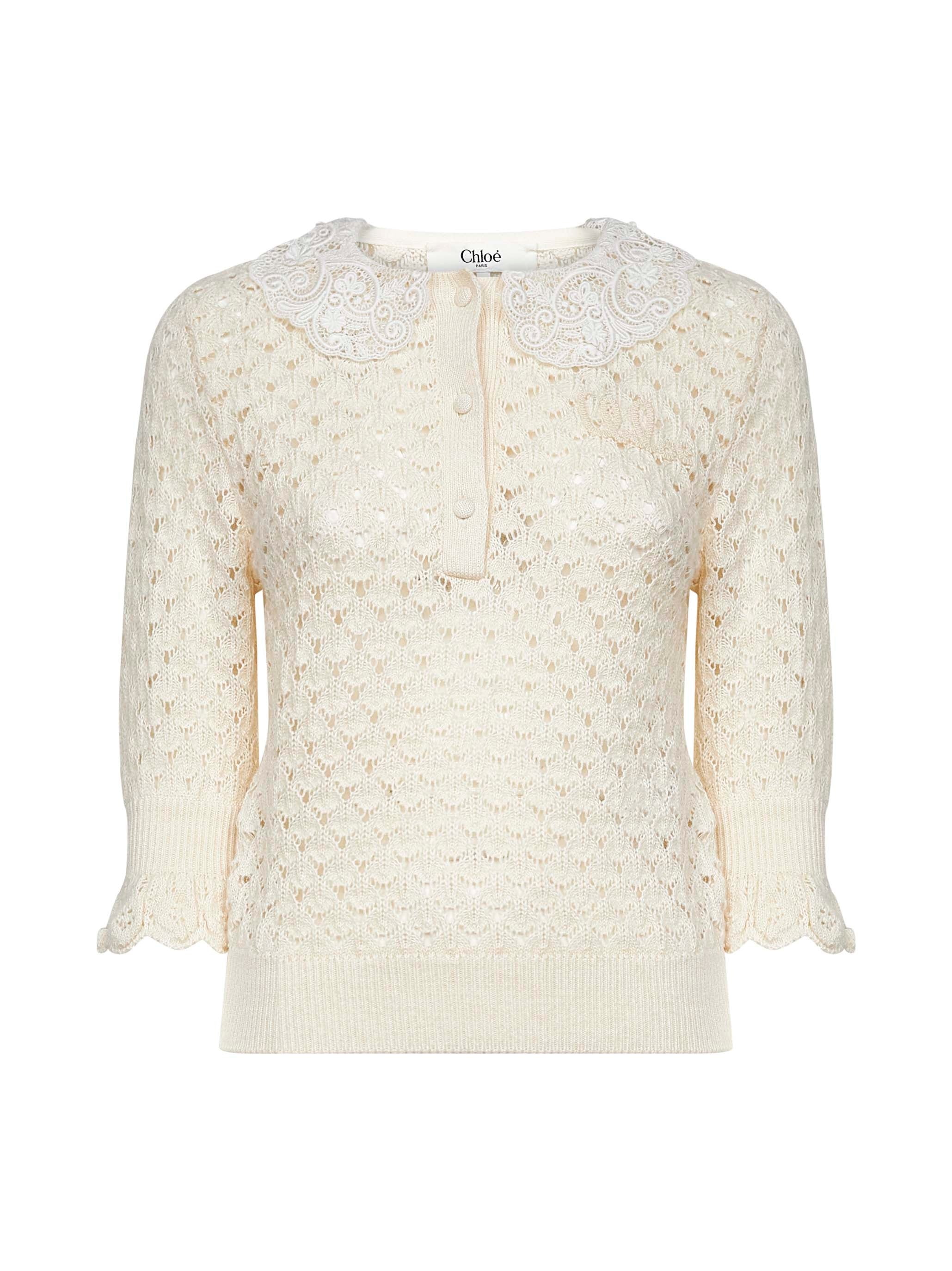 Ivory knit polo shirt with lace collar - 1