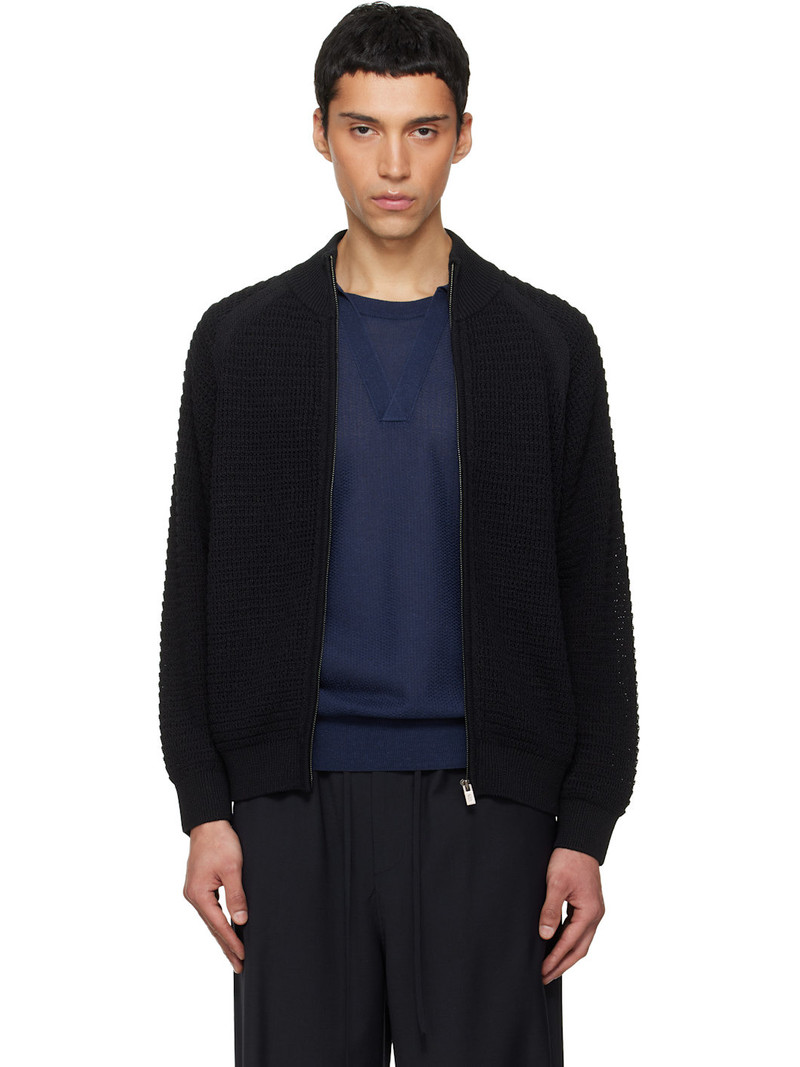 Black Open Knit Zip-Up Cardigan 1