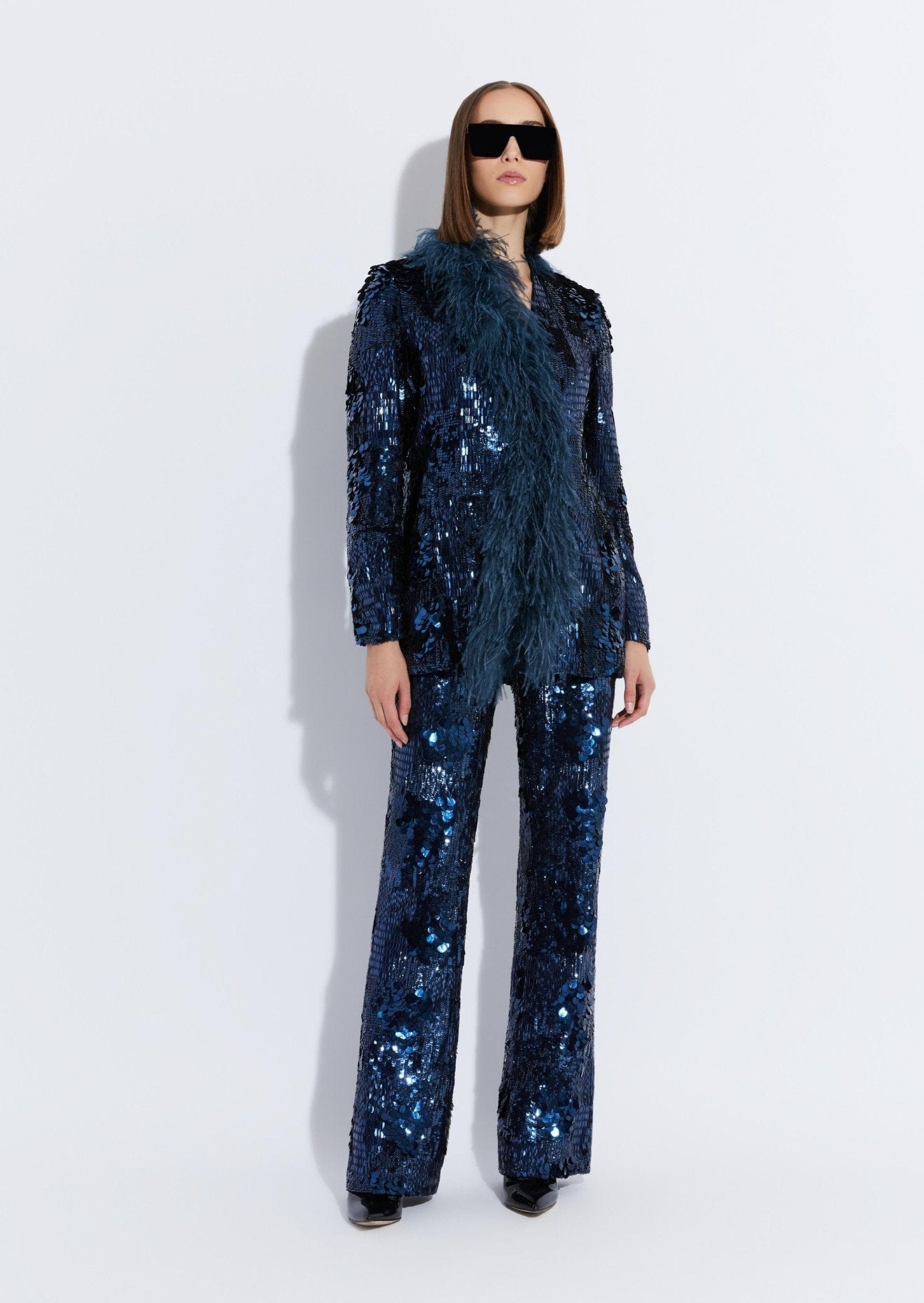 Patchwork Sequin Collarless Blazer With Feathers - 2