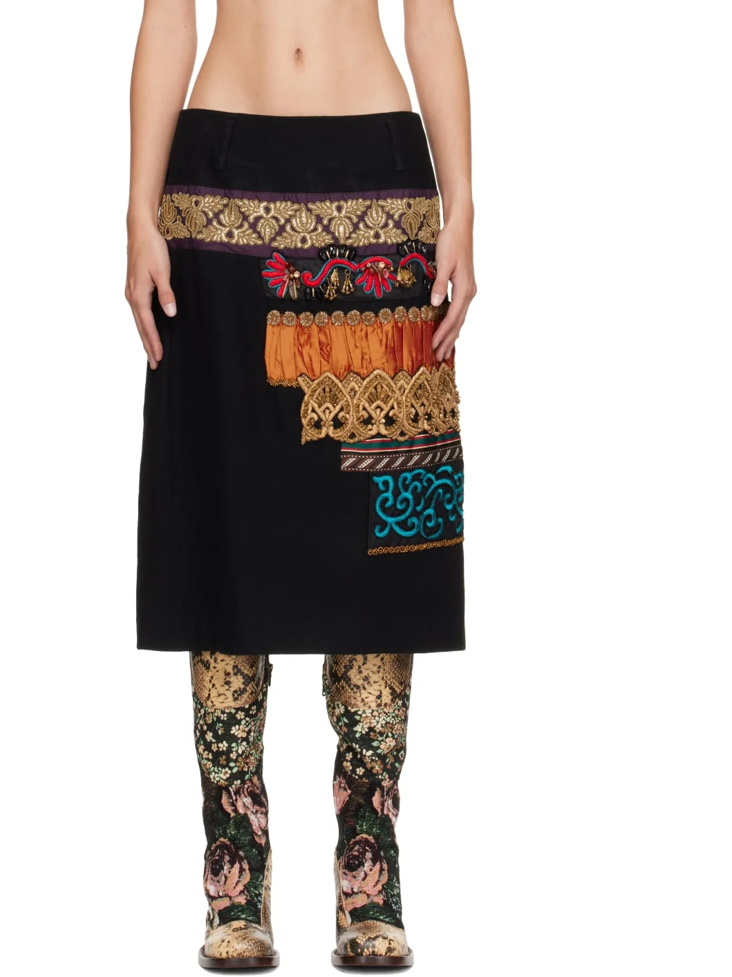 Black Embroidered Wool Skirt - 1