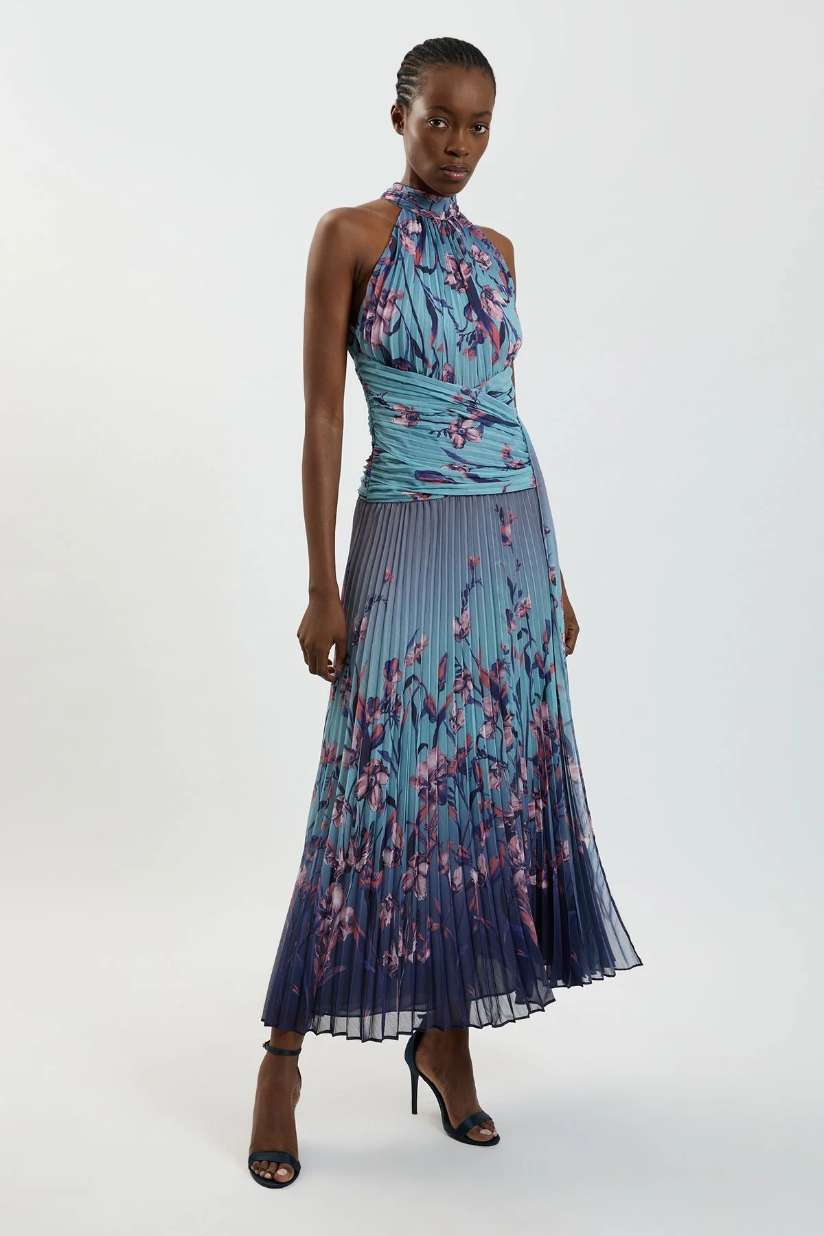 Petite Ombre Floral Crinkle Halter Neck Georgette Draped Woven Maxi Dress - 1