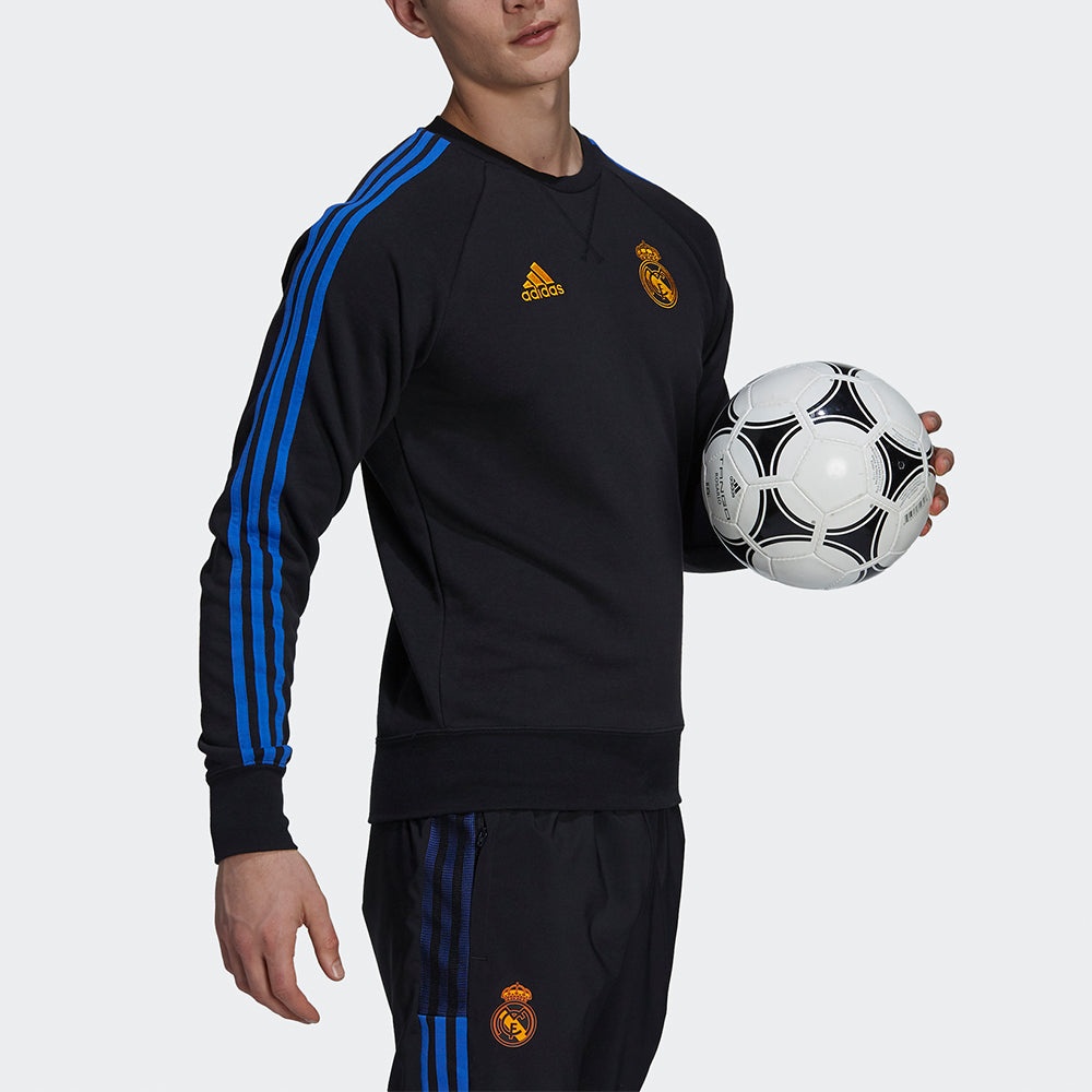 Men's adidas Real Swt Top Woven Real Madrid Team Logo Soccer/Football Round Neck Sports Black GU9706 - 5