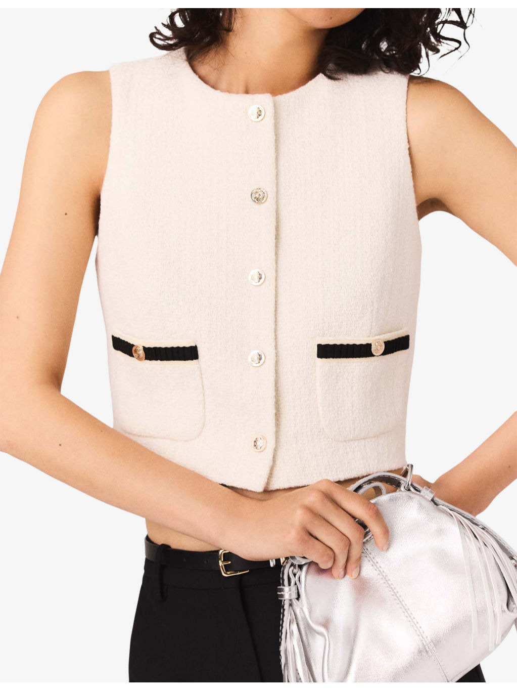 Contrast-Trim Short Sleeveless Tweed Top - 6