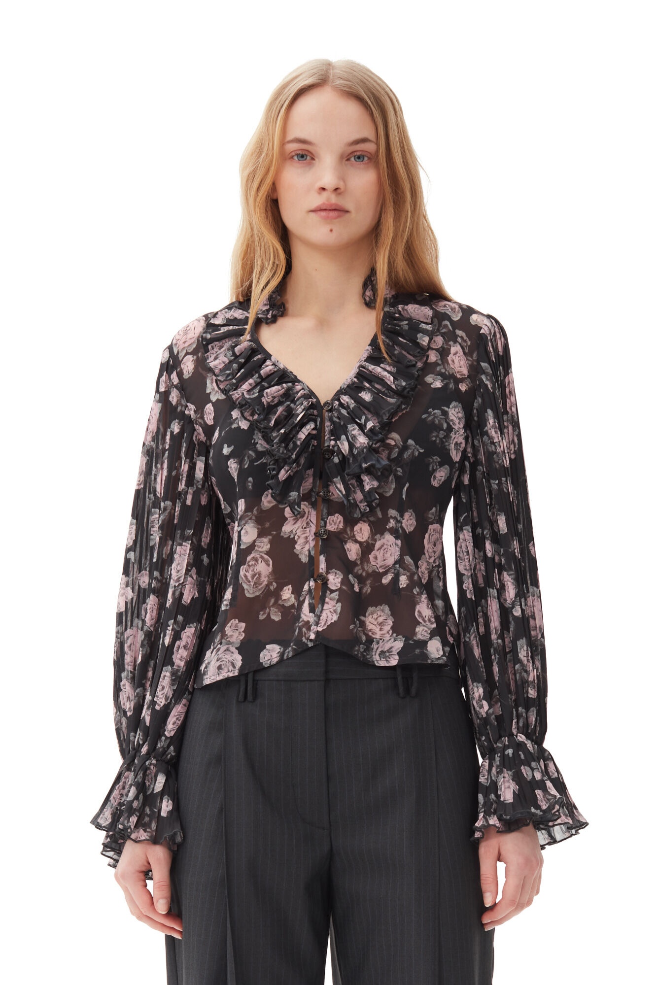 FLORAL PRINTED PLEATED GEORGETTE BLOUSE - 2