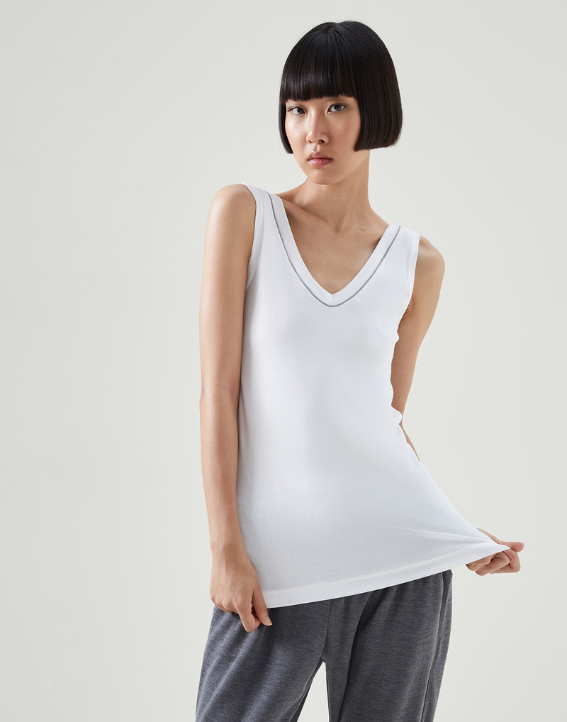 Stretch cotton ribbed jersey top with shiny collar - 1