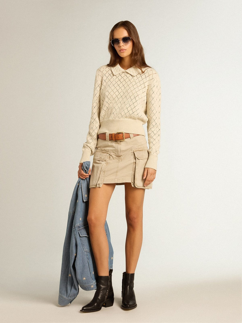 Golden Goose Panama-colored openwork cotton cropped sweater with pearl embroidery outlook