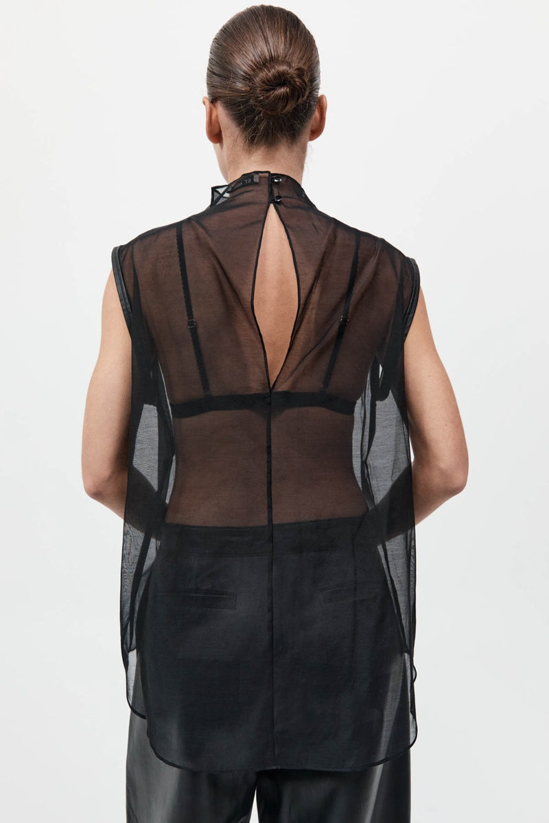 Sheer Silk Leather Trim Top - Black 7