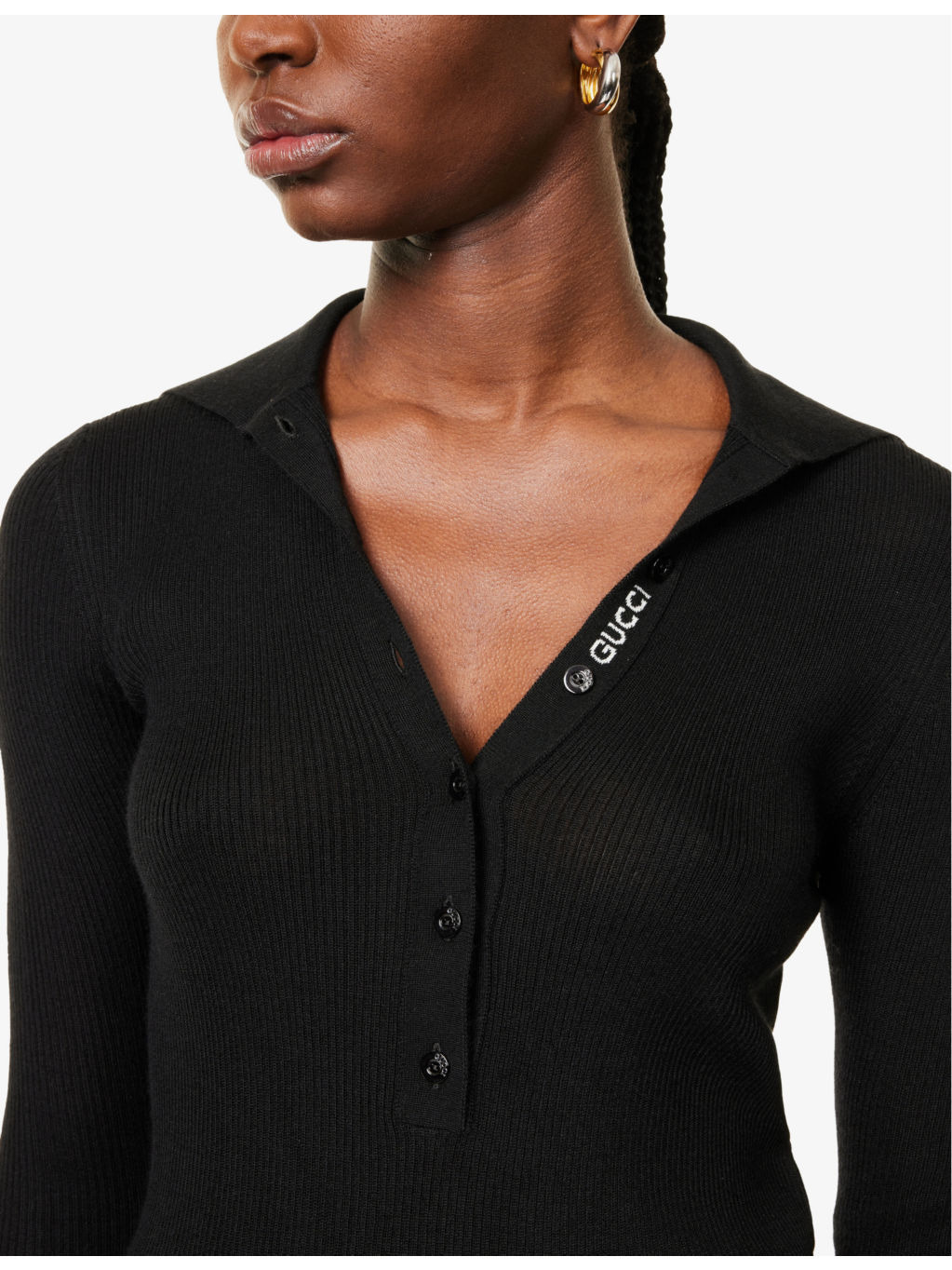 Polo-collar striped-trim cashmere-silk blend knit top - 5