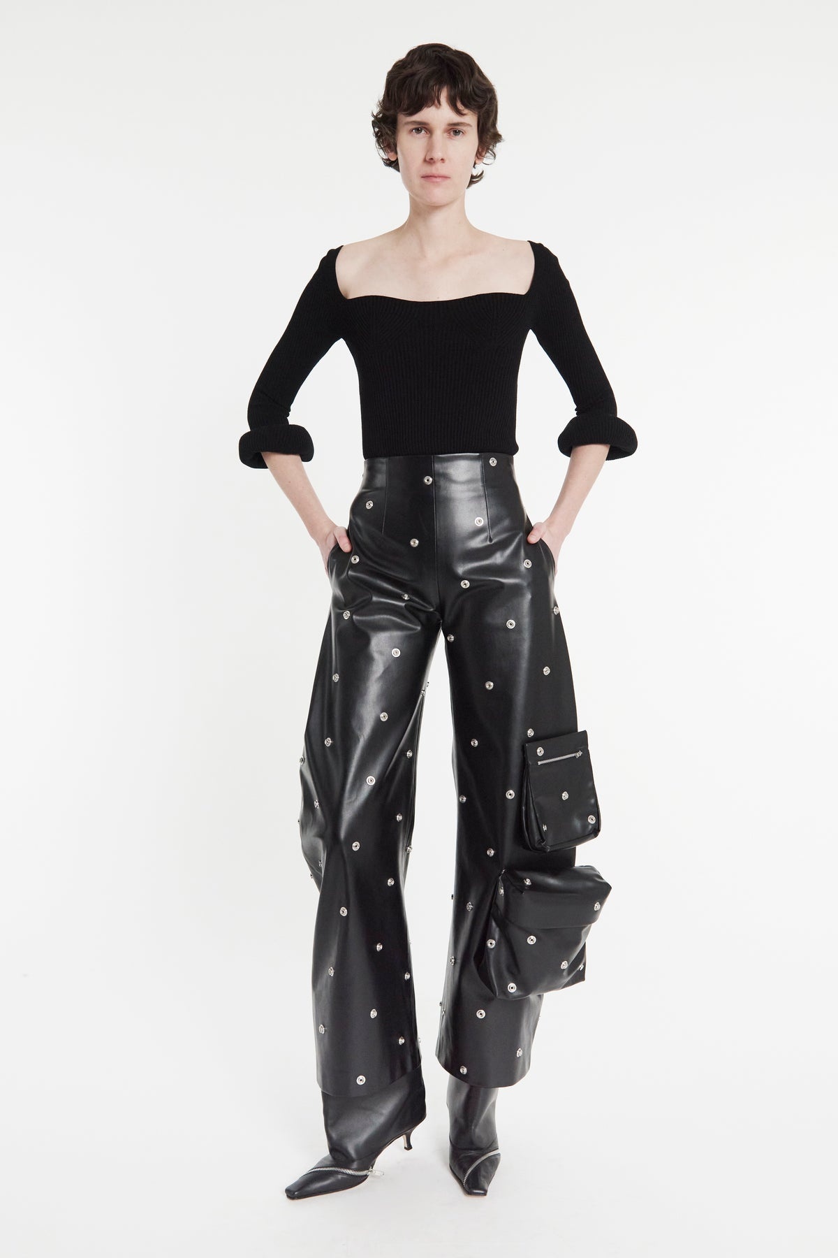 FAUX LEATHER STUD TROUSER WITH SNAP-ON POCKETS BLACK - 7