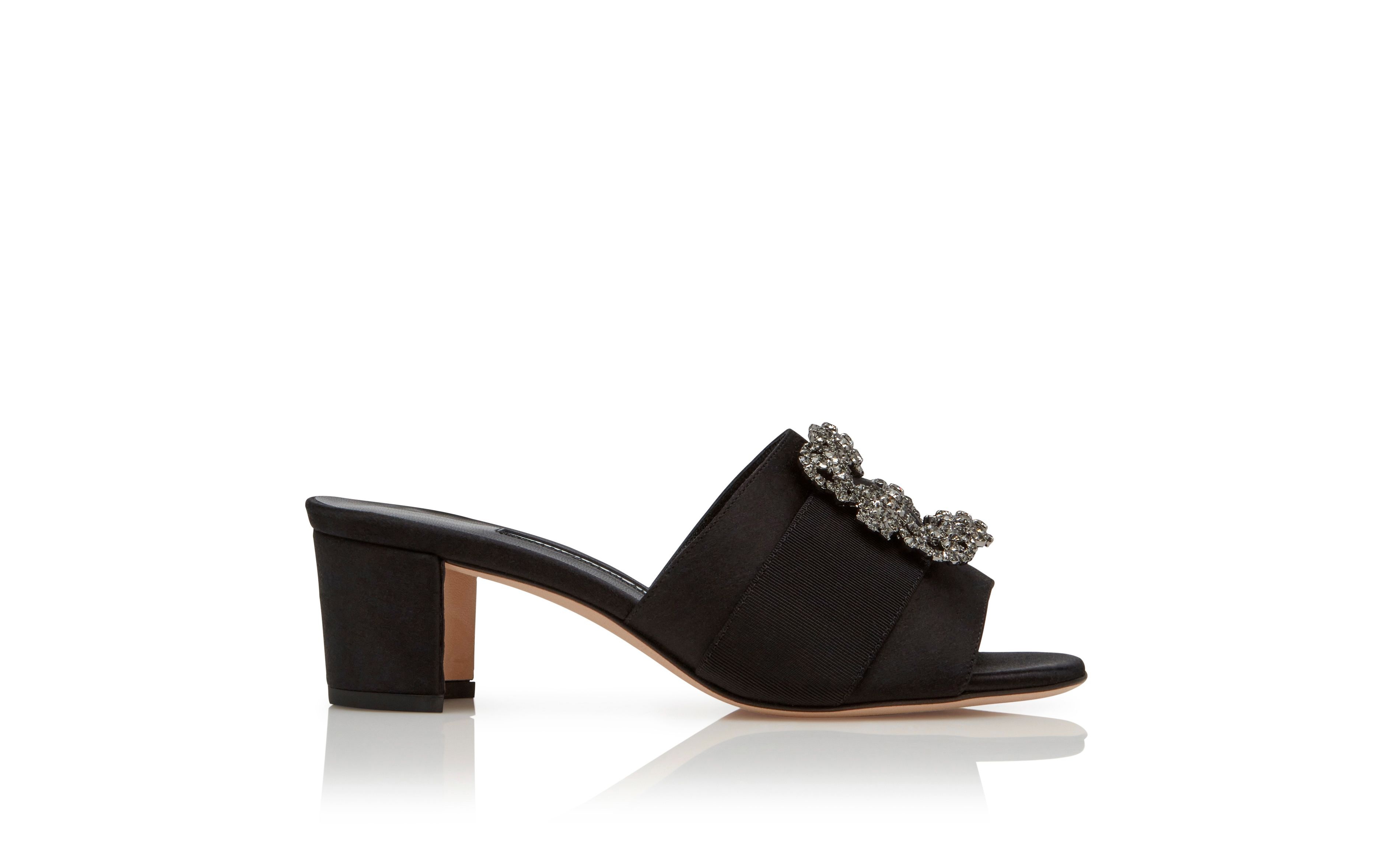 Black Satin Jewel Buckle Mules - 1