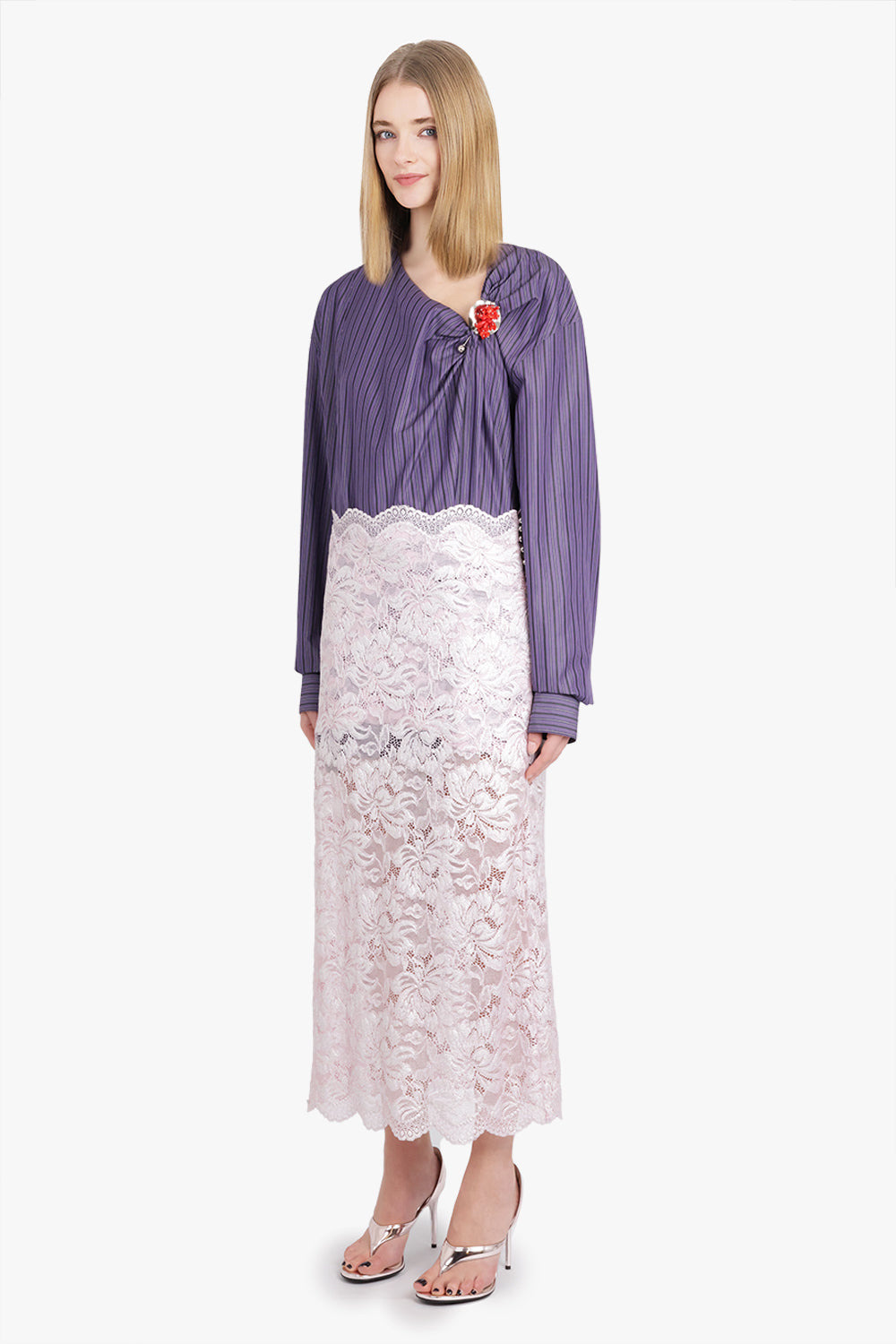 CIJOU STRIPE ASYMMETRICAL KNOT DETAIL L/S BLOUSE | PURPLE STEEL - 6