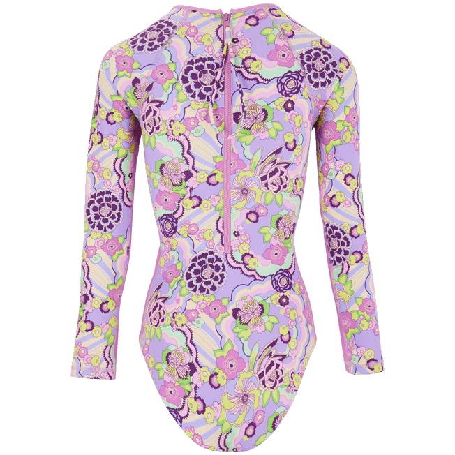 Women Rashguard Long Sleeves One-piece Swimsuit Rainbow Flowers - 2