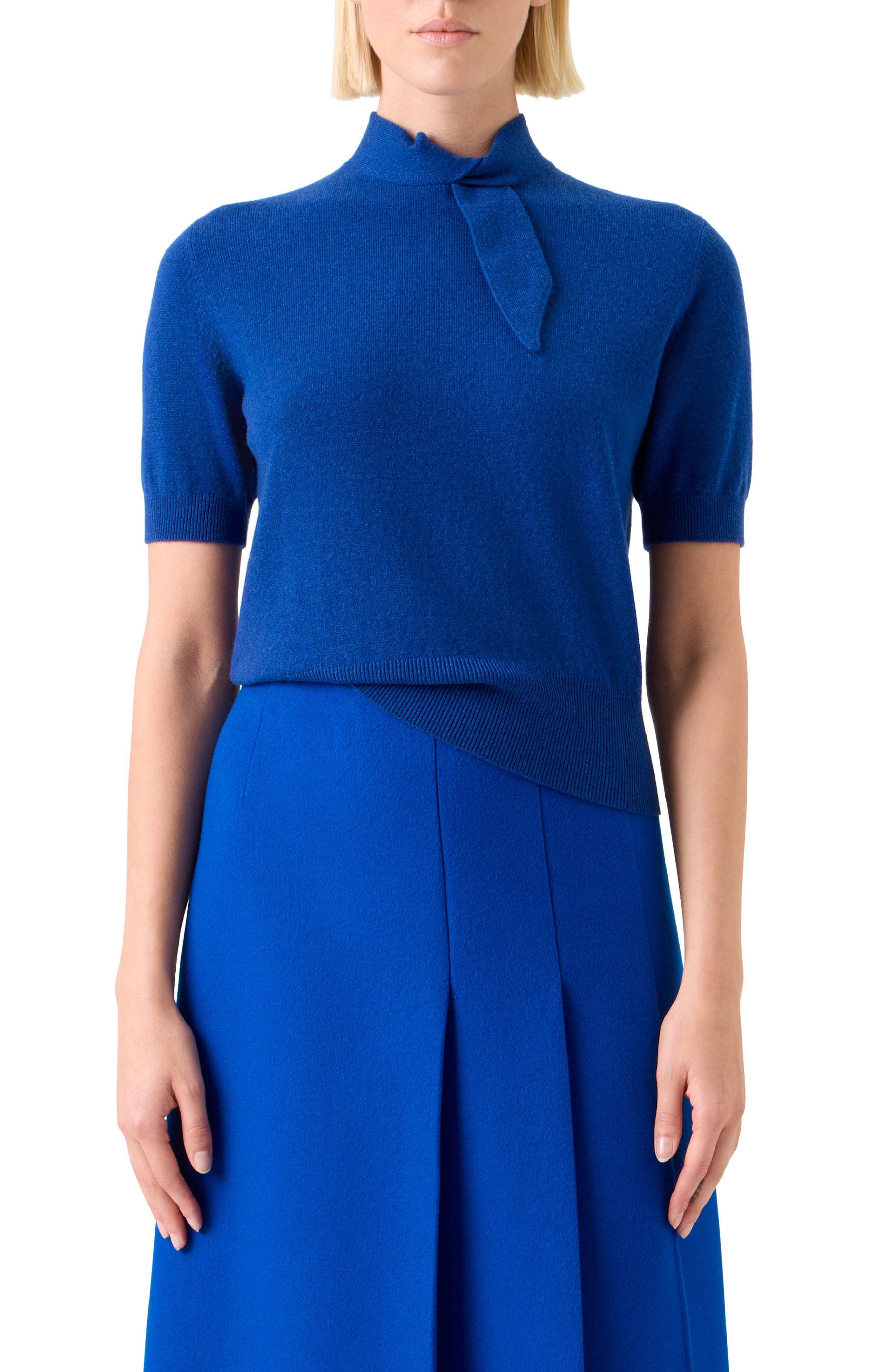 Akris Short Sleeve Cashmere Scarf Neck Sweater in Royal Blue at Nordstrom - 1