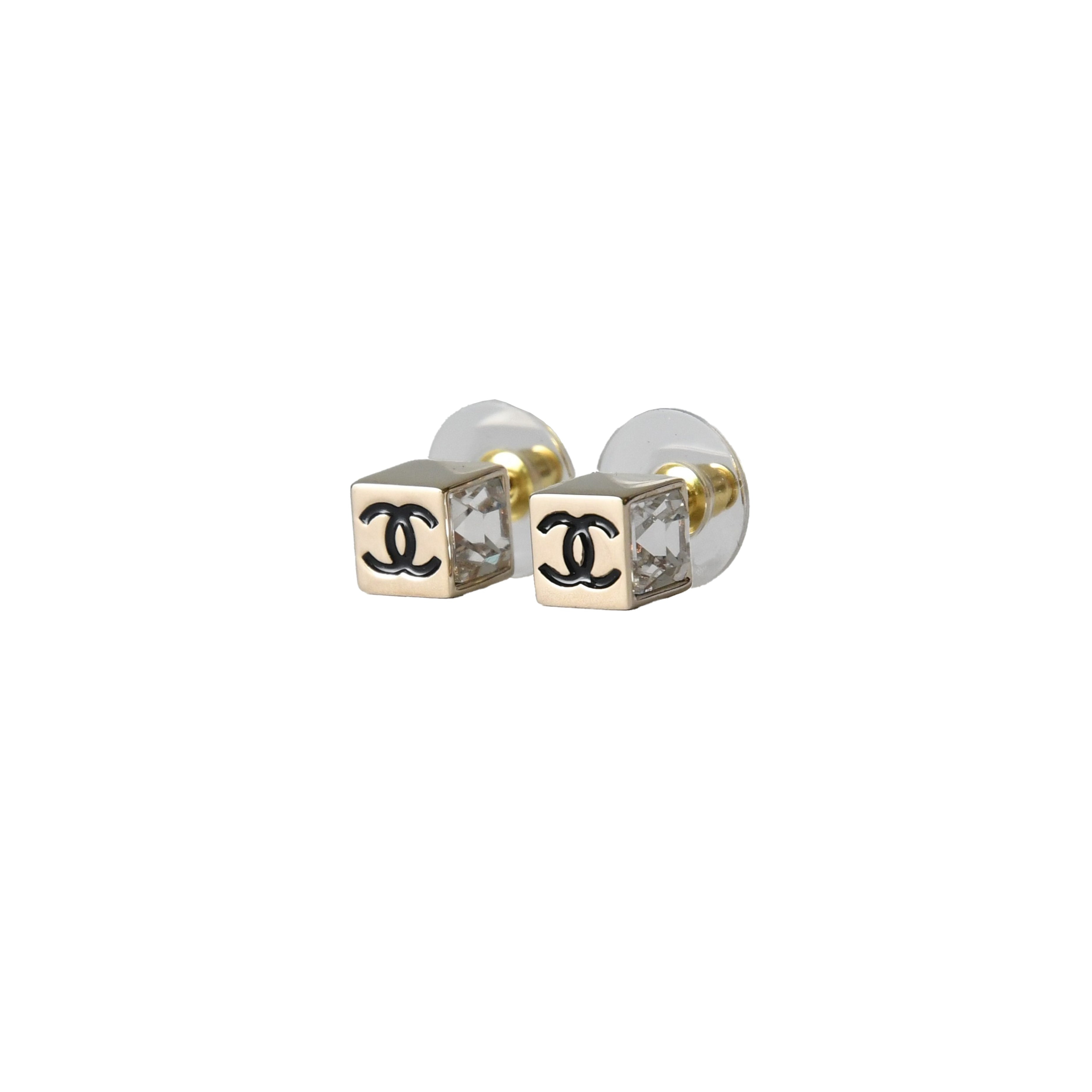 Chanel CC Metal Enamel With Crystal Strass Square Stud Earrings Gold - 2