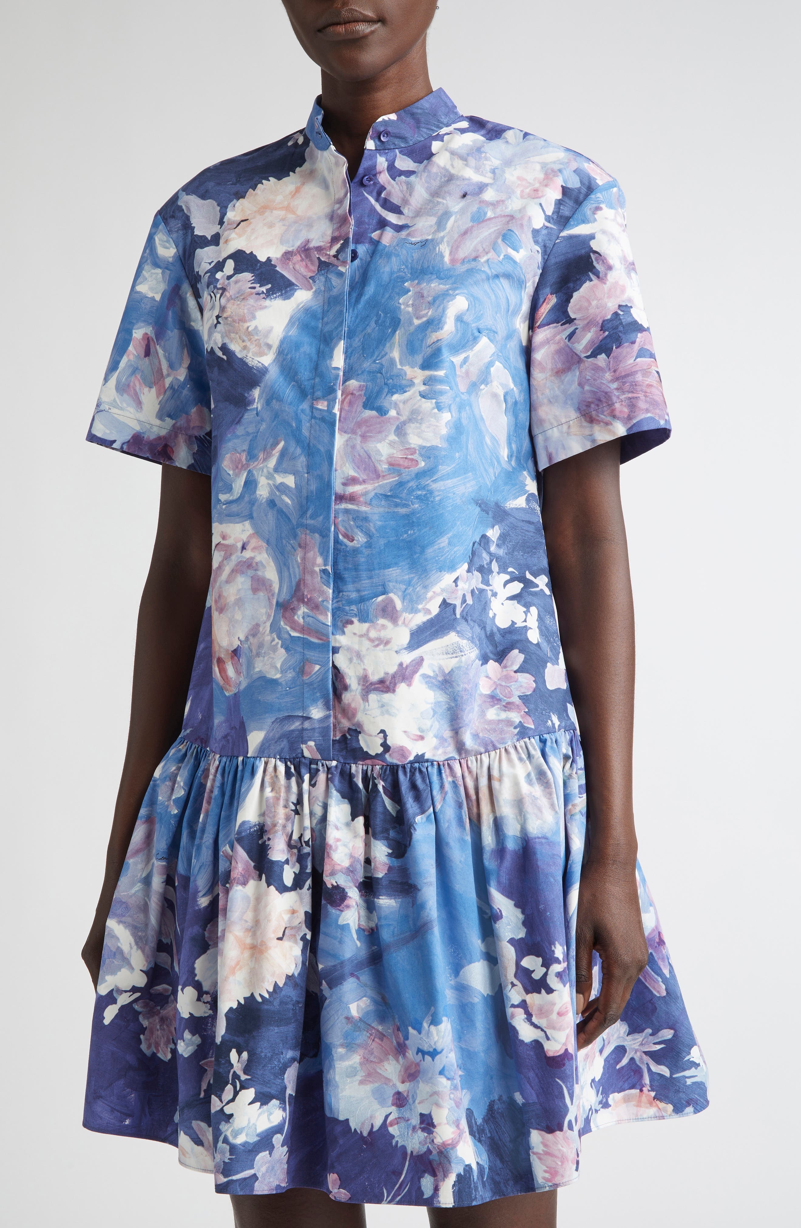 Erdem Short Sleeve Cotton Poplin Mini Shirtdress in Artist Garden Pale Cobalt at Nordstrom - 4