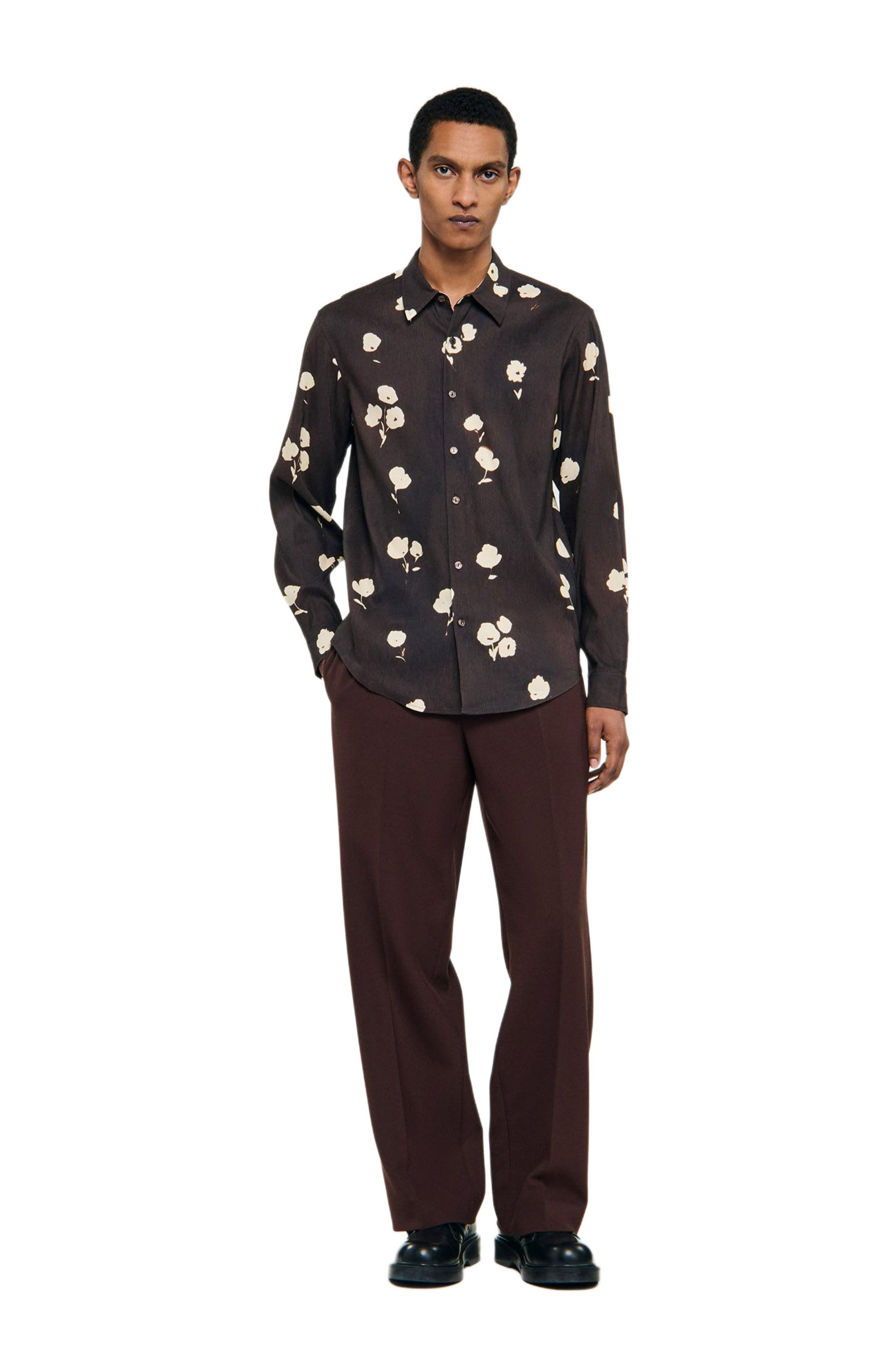 SANDRO Floral print linen shirt in Chocolate at Nordstrom - 6
