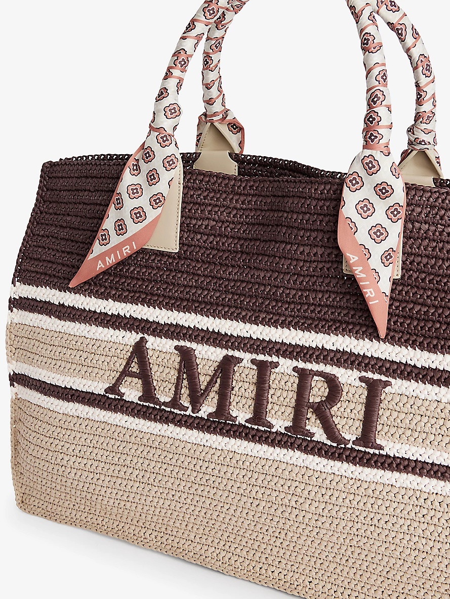 Brand-embroidered striped raffia tote bag - 2
