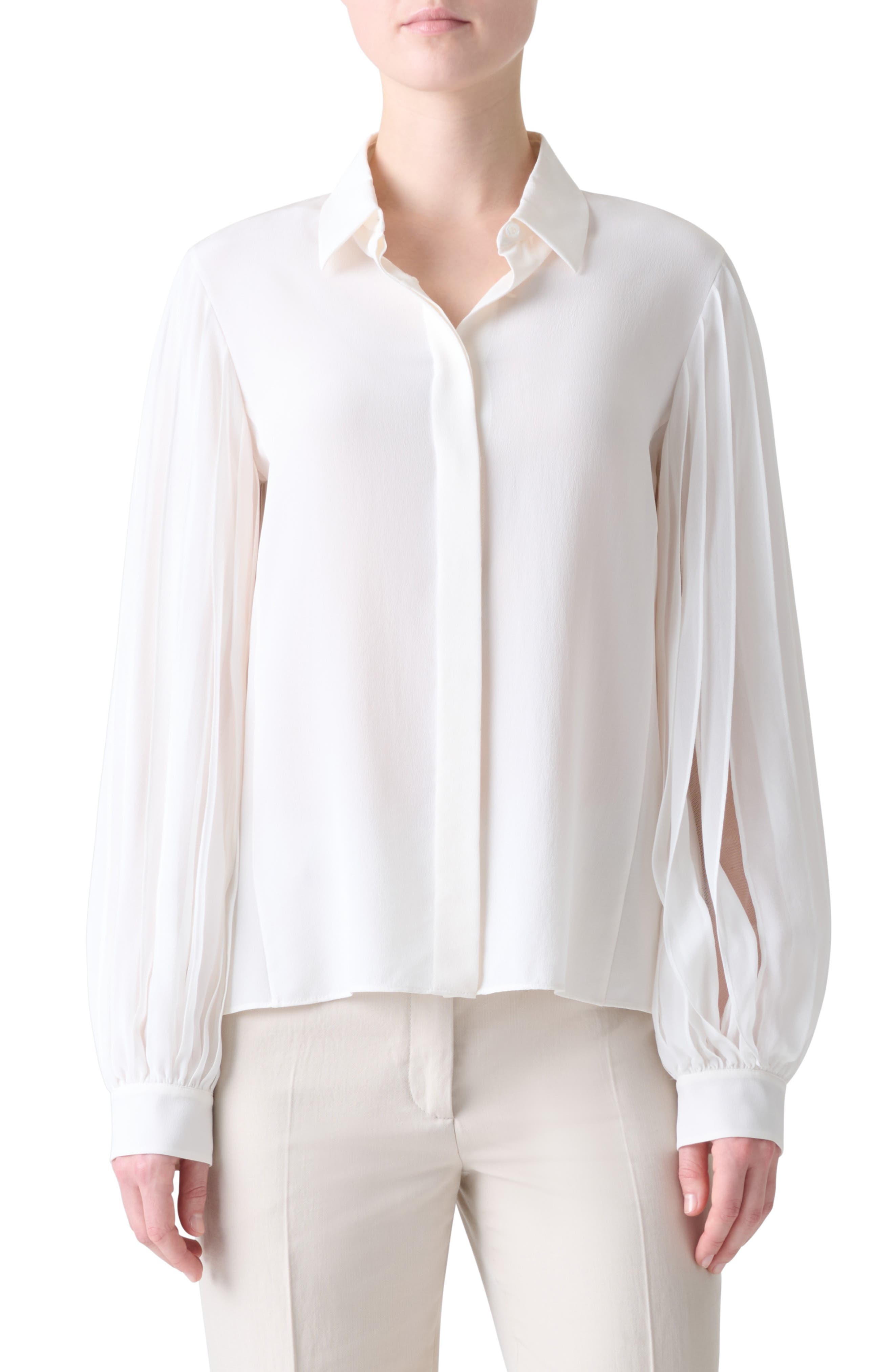 Akris Ribbon Sleeve Silk Button-Up Shirt in Ecru at Nordstrom - 1