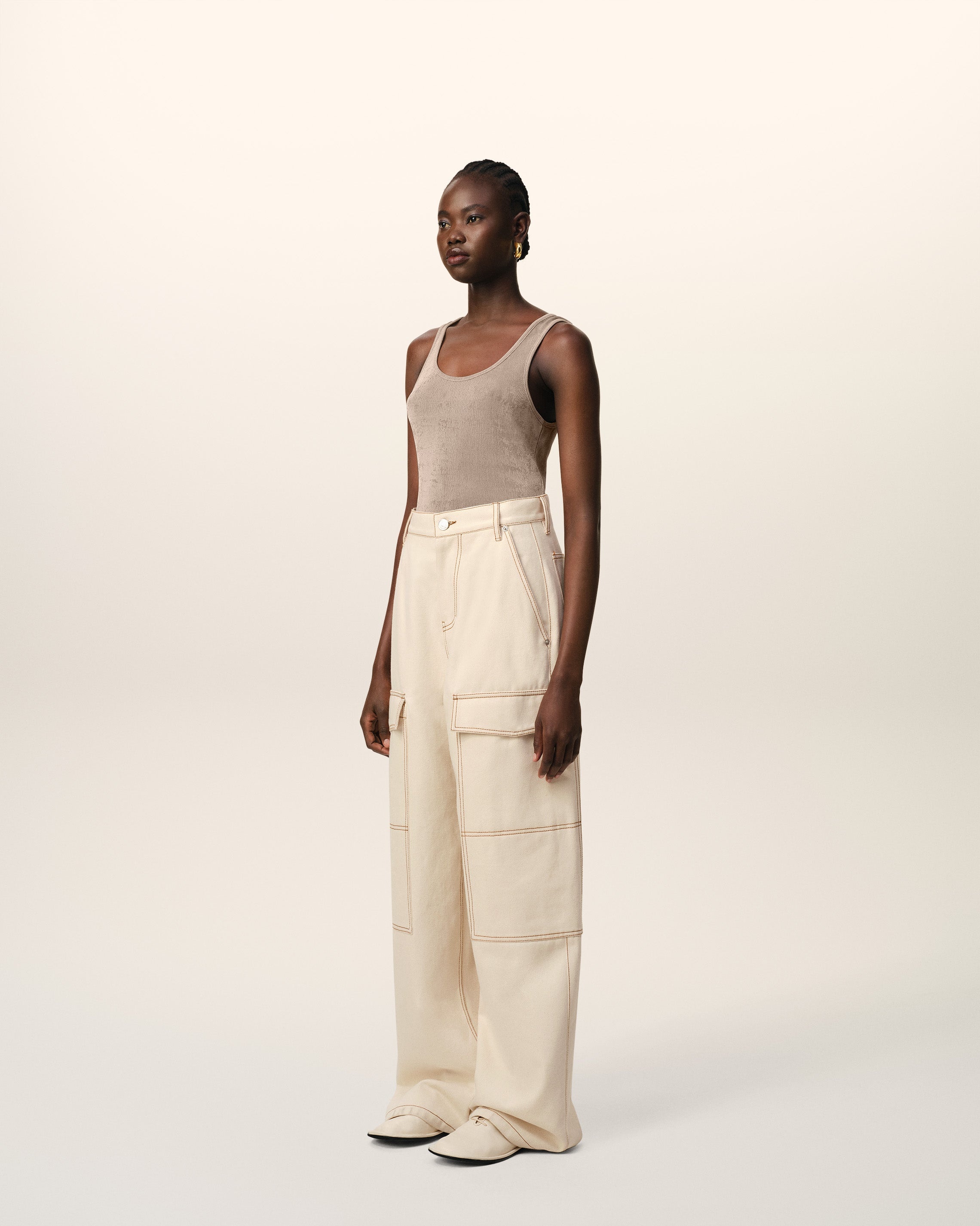 BEIGE COTTON CARGO WIDE FIT JEANS - 6