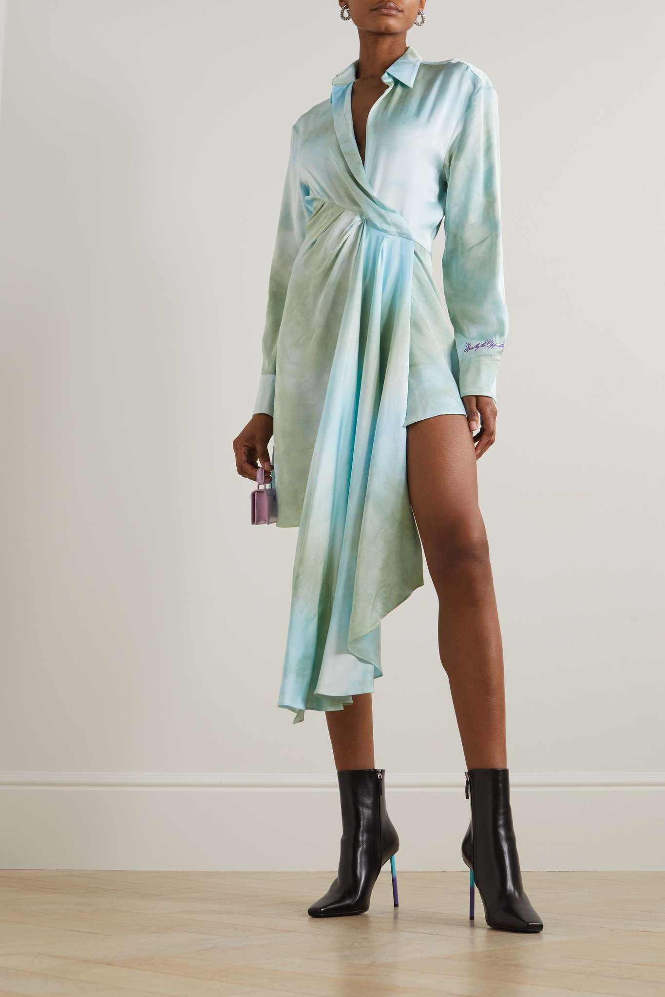 Bow wrap-effect embroidered tie-dyed satin-twill dress - 2