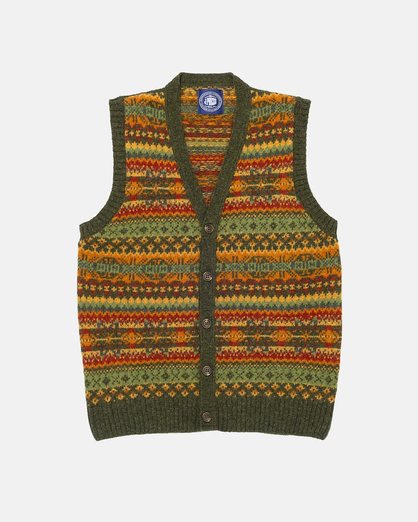 MADE-IN-SCOTLAND OLIVE FAIR ISLE CARDIGAN VEST - 1