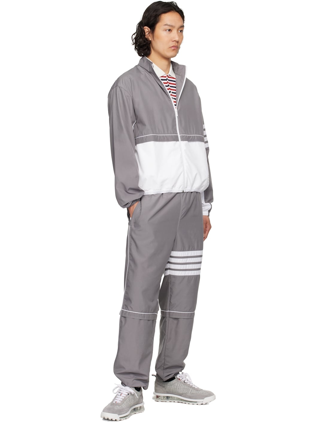 Gray & White Ripstop 4-Bar Color Block Windbreaker Jacket - 4