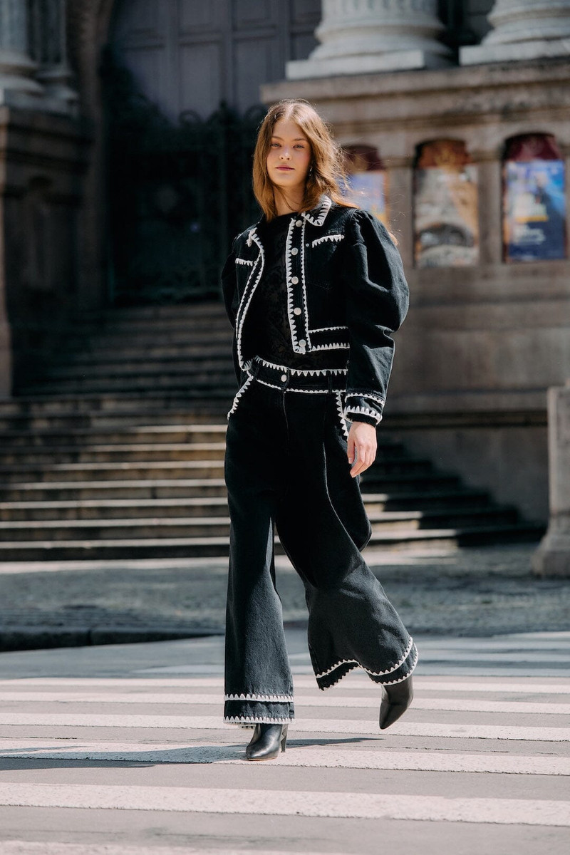 Black Crochet Embroidery Wide-Leg Denim Pants 1