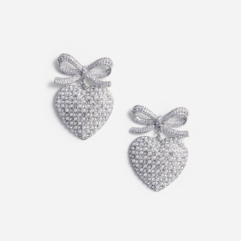 Crystal Bow Pearl Heart Earrings - 1
