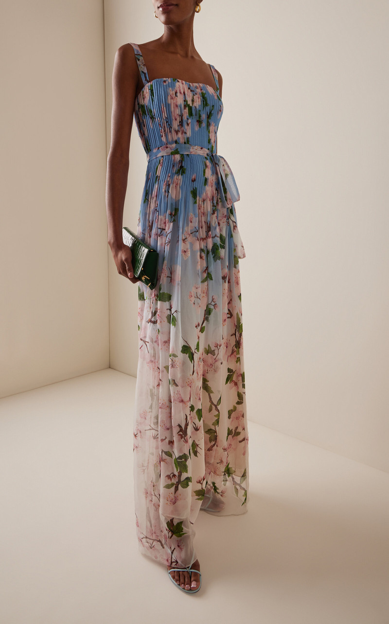 Oscar de la Renta Pleated Silk Chiffon Gown light blue outlook