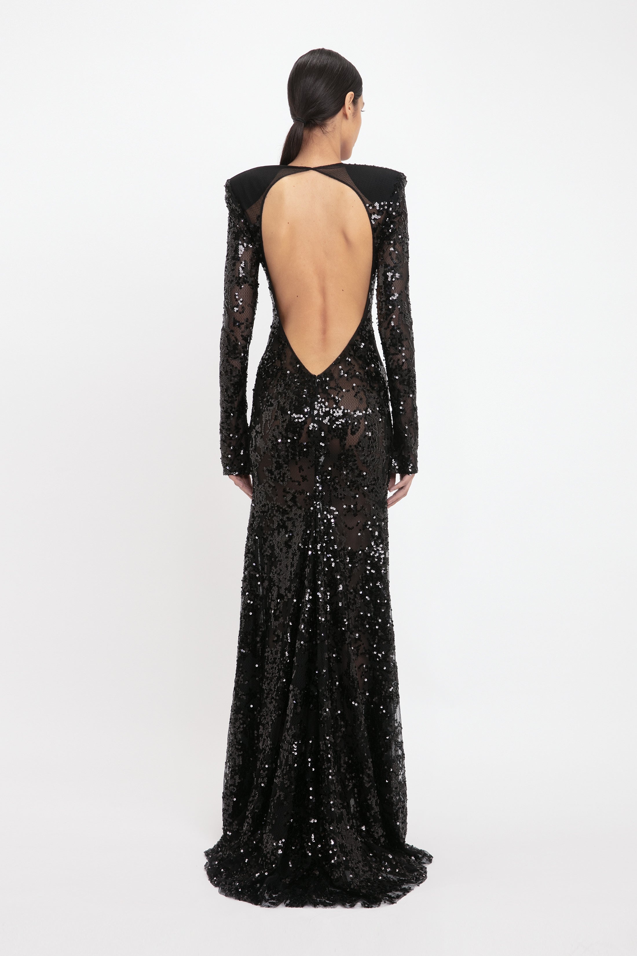 Long Sleeve Backless Sequin Gown In Black - 4