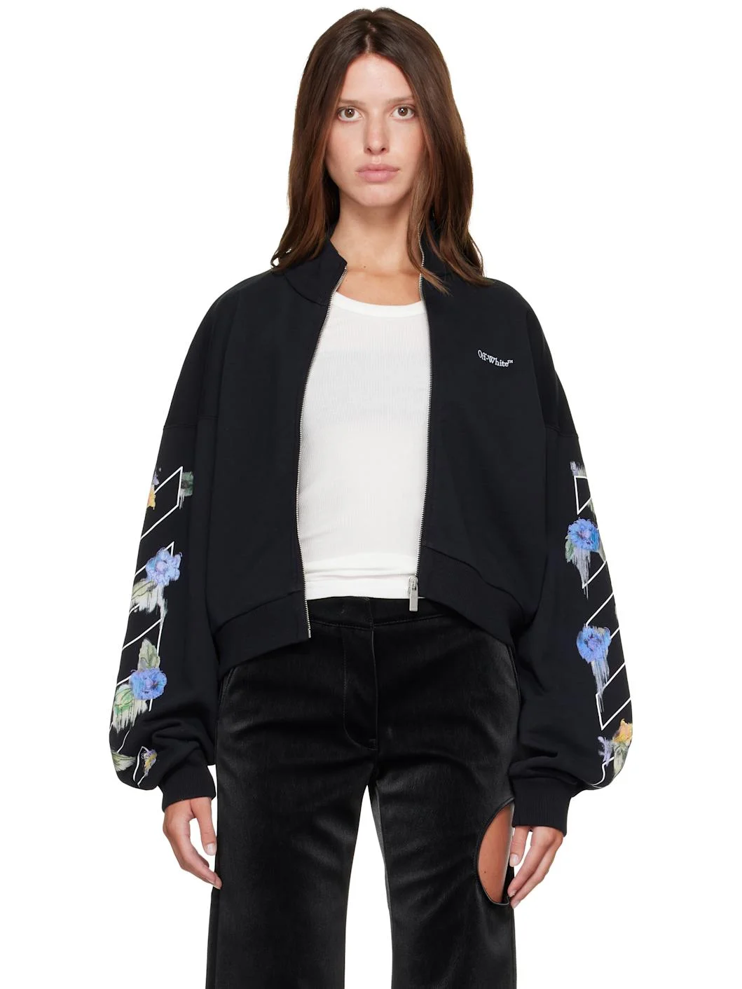 Black Embroidered Arrow Out Flower Zipup Sweatshirt - 1