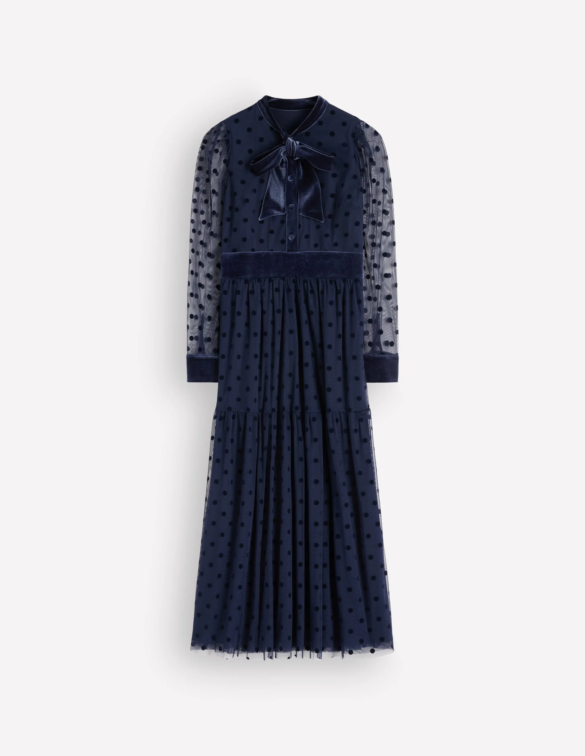 Tie Neck Tiered Tulle Dress-Navy - 1