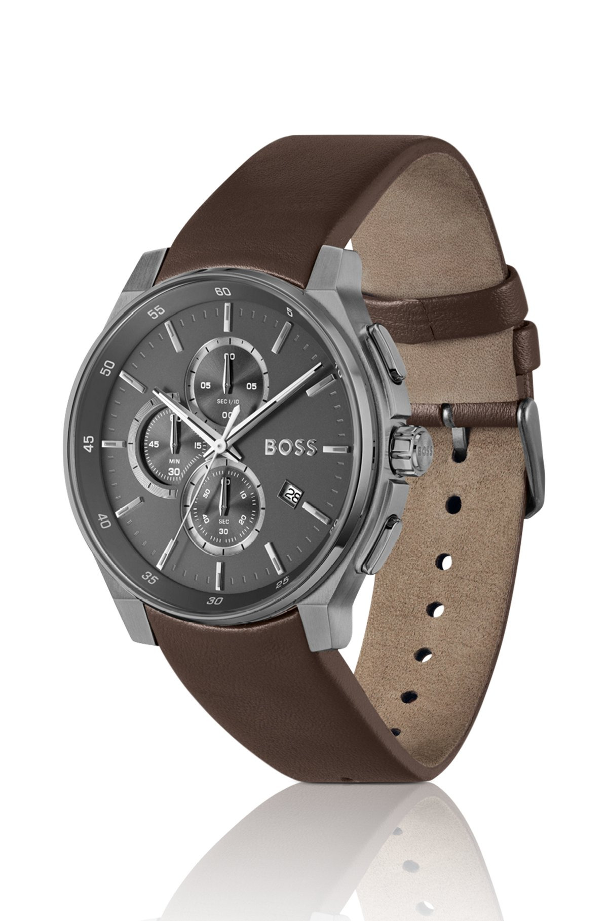 GRAY-PLATED CHRONOGRAPH WATCH WITH LEATHER STRAP - 2