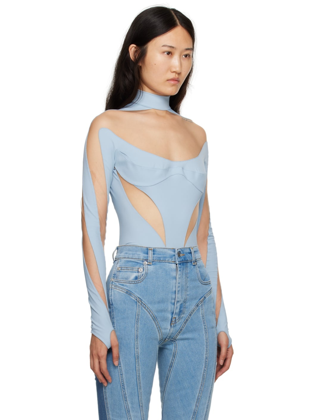 Blue & Beige Illusion Bodysuit - 2