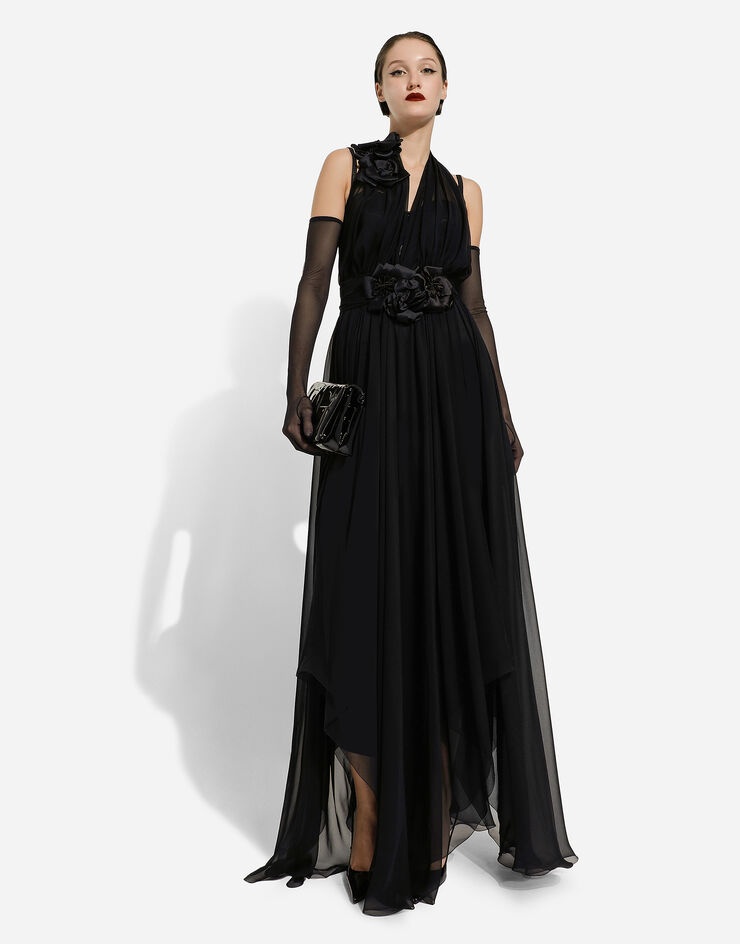 Long silk chiffon dress with floral appliqué - 7